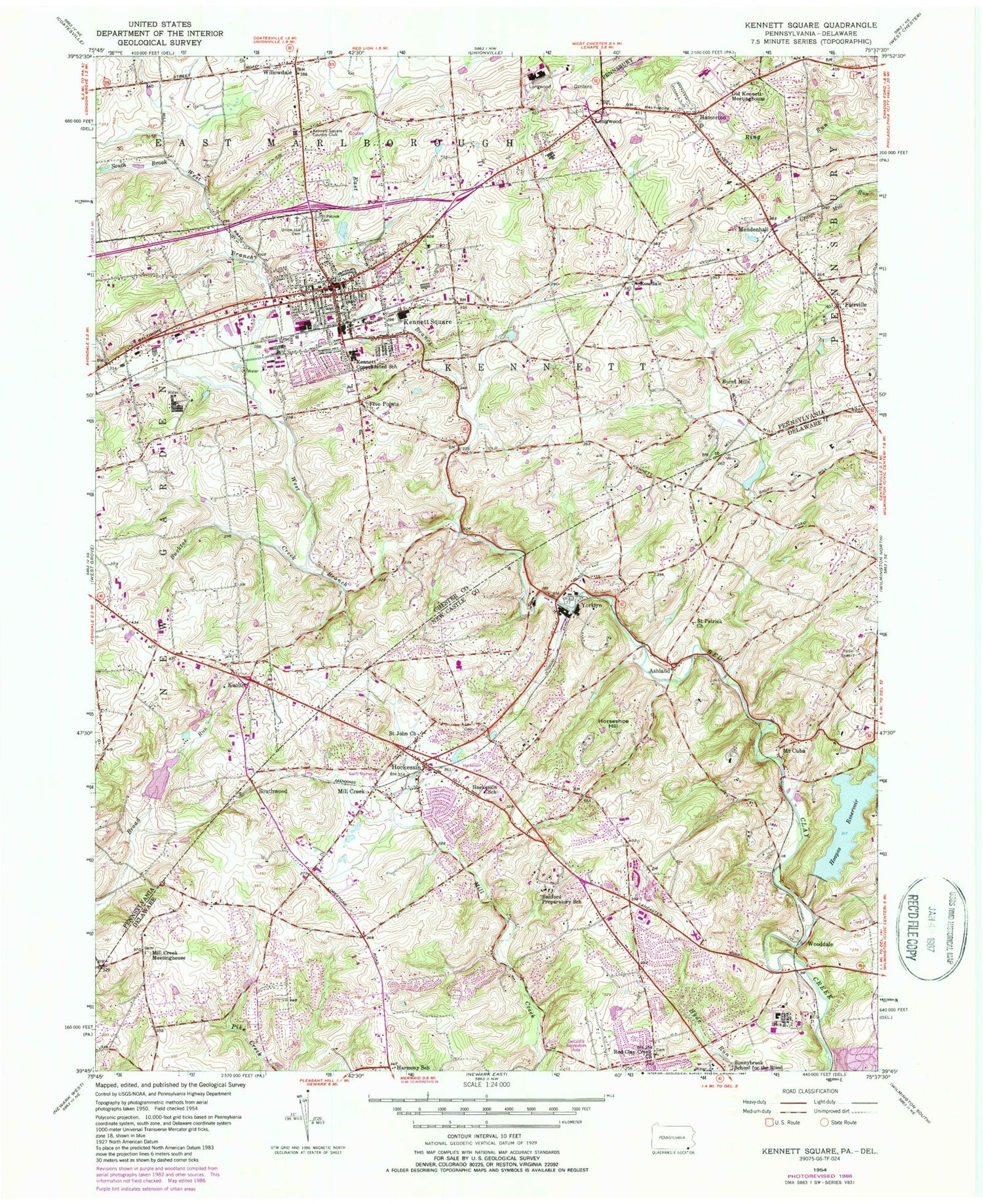 Classic USGS Kennett Square Pennsylvania 7.5'x7.5' Topo Map Image