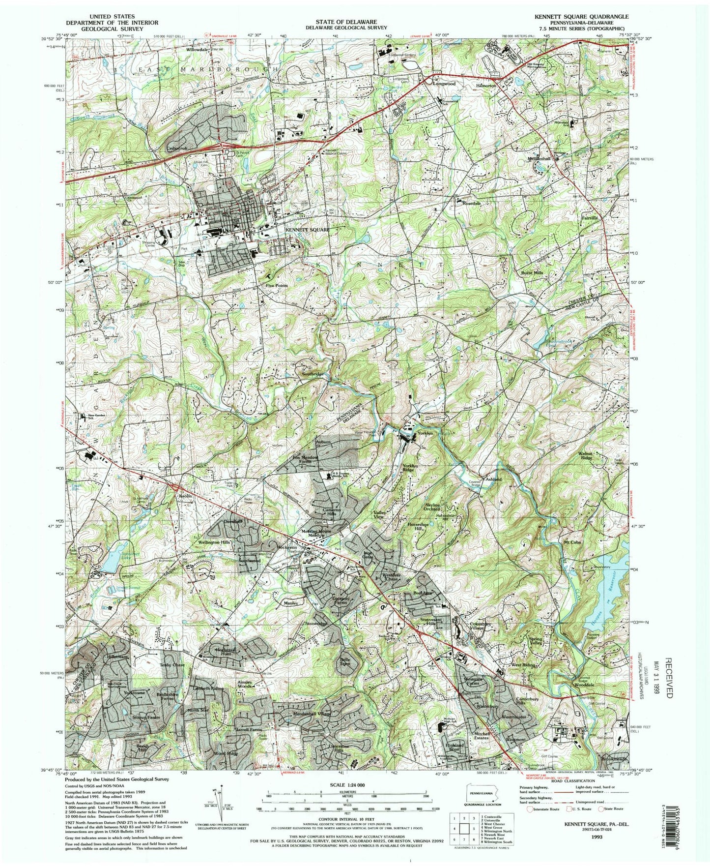 Classic USGS Kennett Square Pennsylvania 7.5'x7.5' Topo Map Image