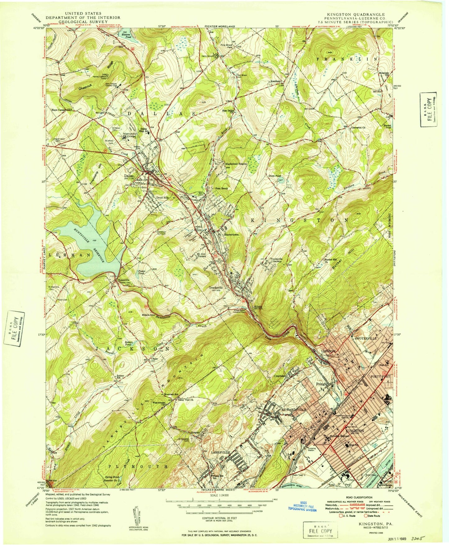Classic USGS Kingston Pennsylvania 7.5'x7.5' Topo Map Image
