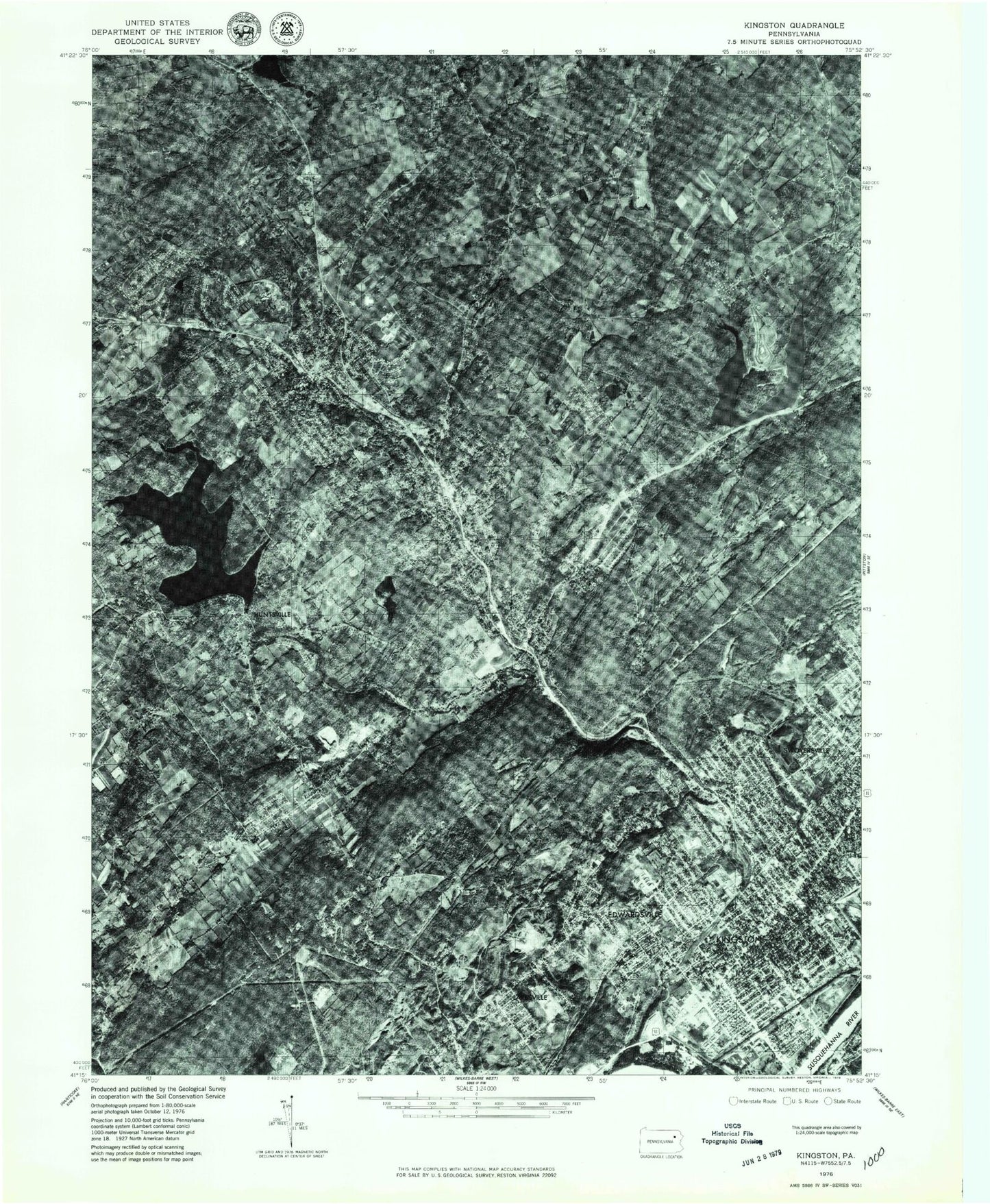 Classic USGS Kingston Pennsylvania 7.5'x7.5' Topo Map Image
