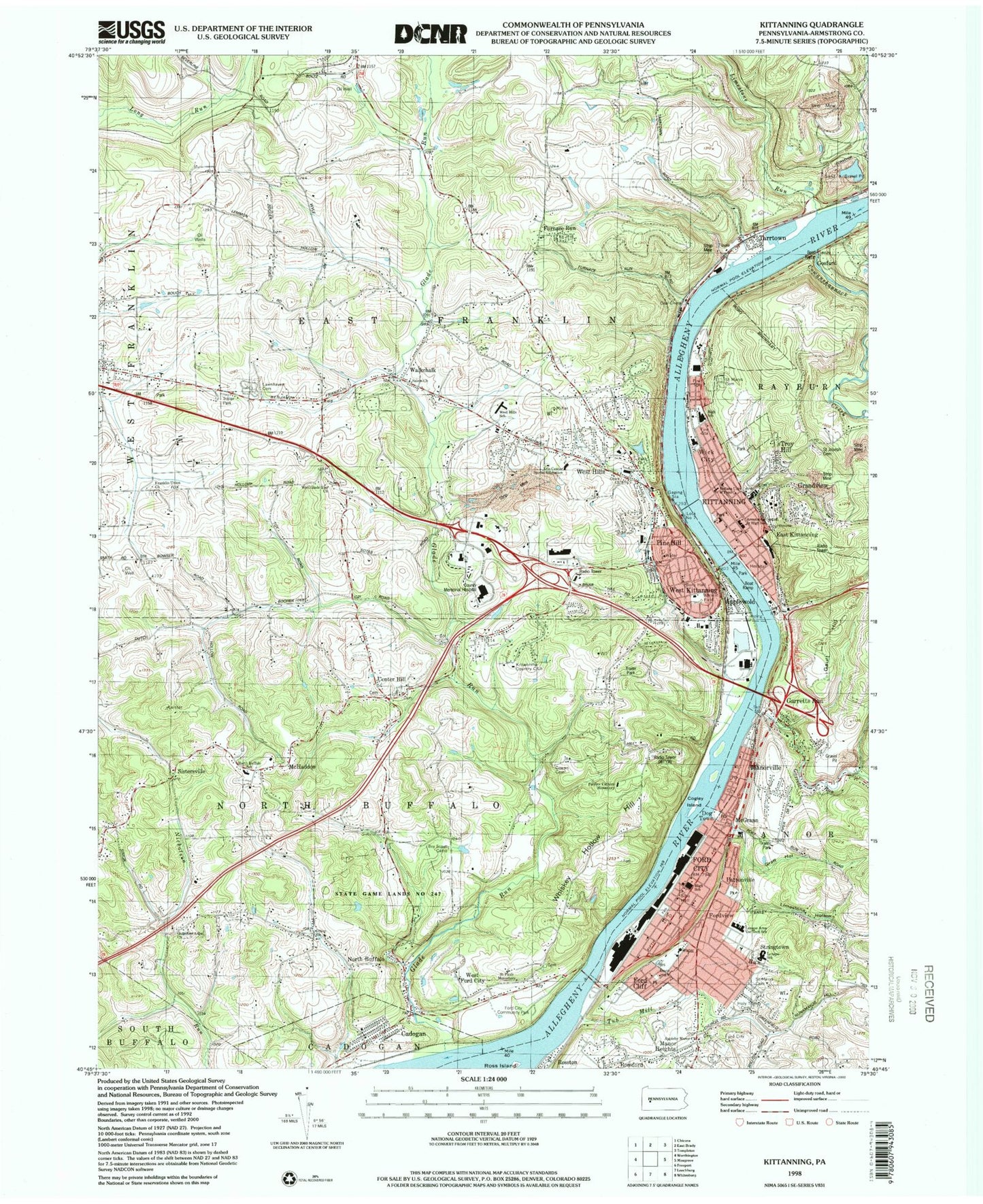 Classic USGS Kittanning Pennsylvania 7.5'x7.5' Topo Map Image