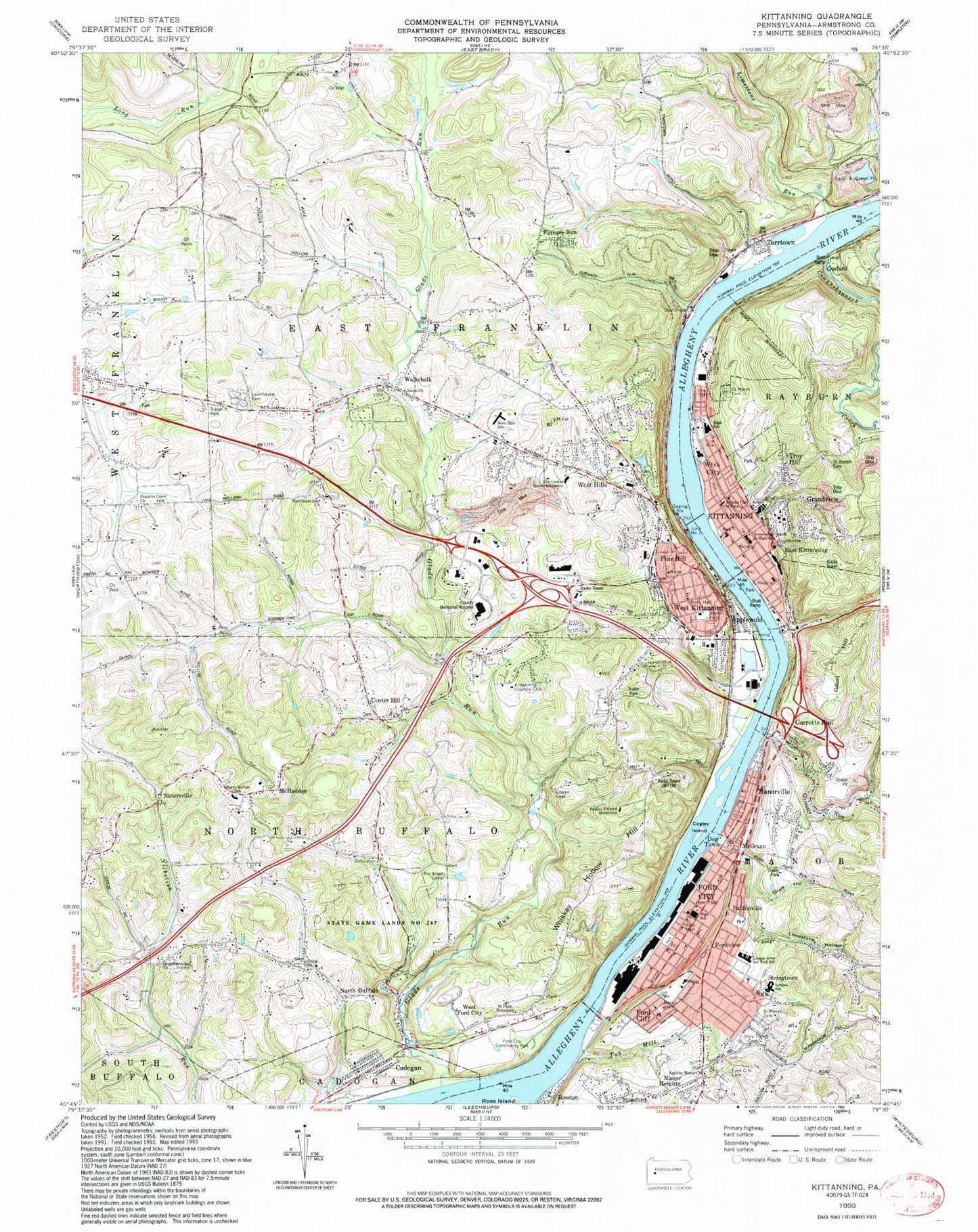 Classic USGS Kittanning Pennsylvania 7.5'x7.5' Topo Map Image
