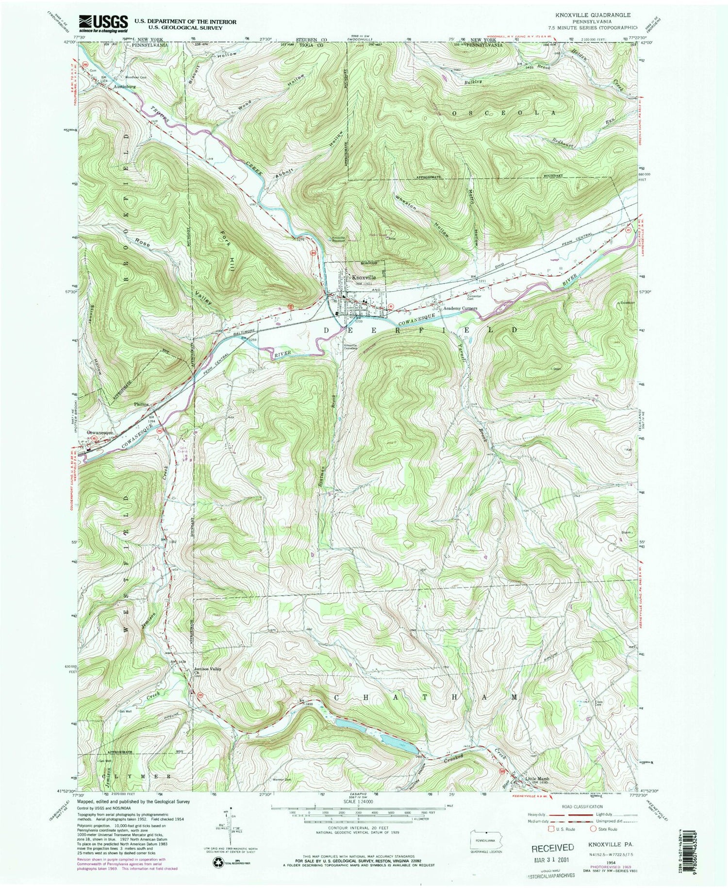 Classic USGS Knoxville Pennsylvania 7.5'x7.5' Topo Map Image