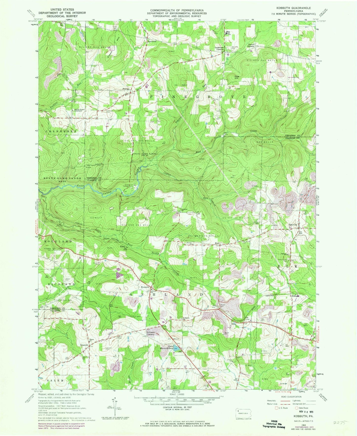 Classic USGS Kossuth Pennsylvania 7.5'x7.5' Topo Map Image