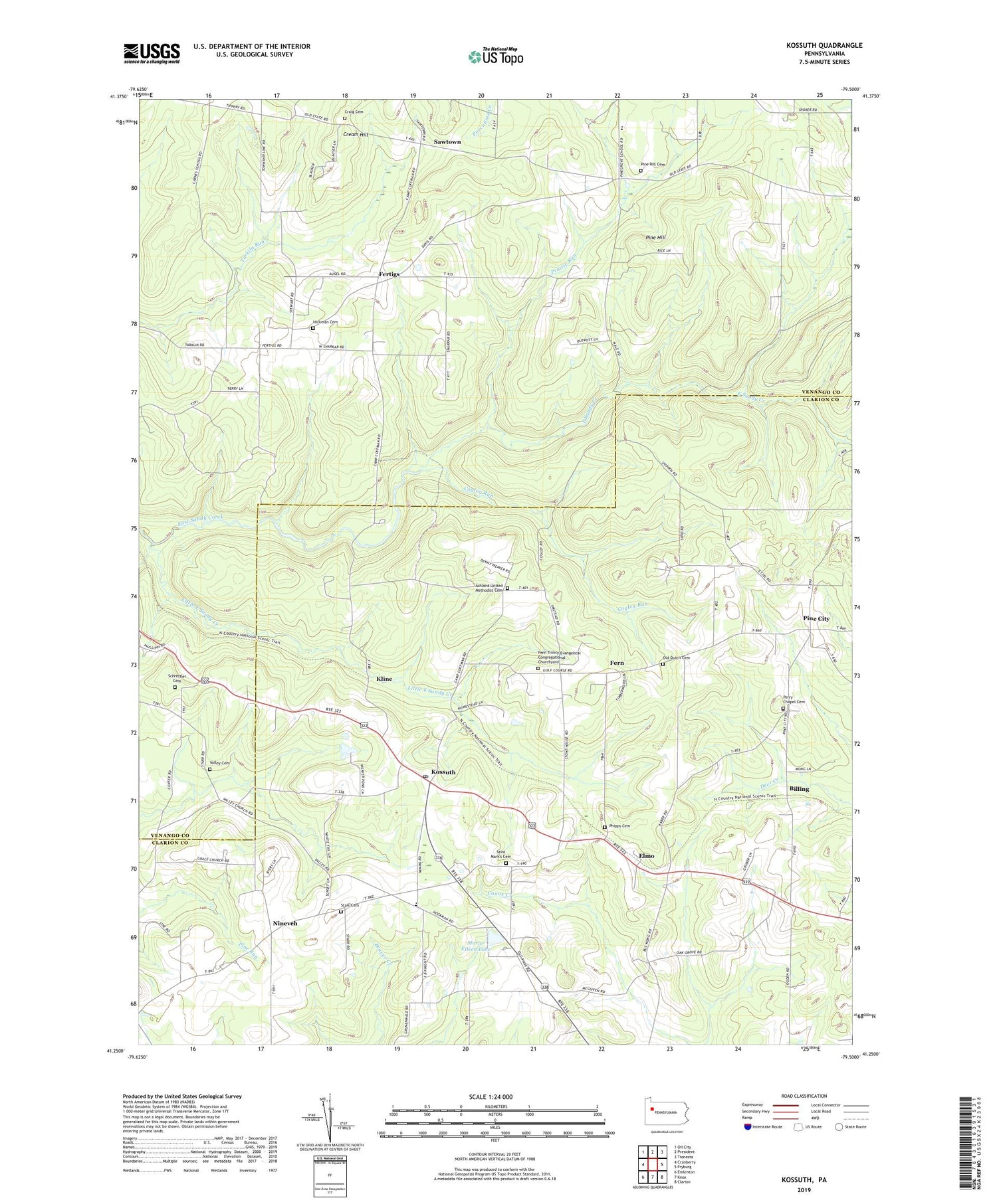 Kossuth Pennsylvania US Topo Map Image