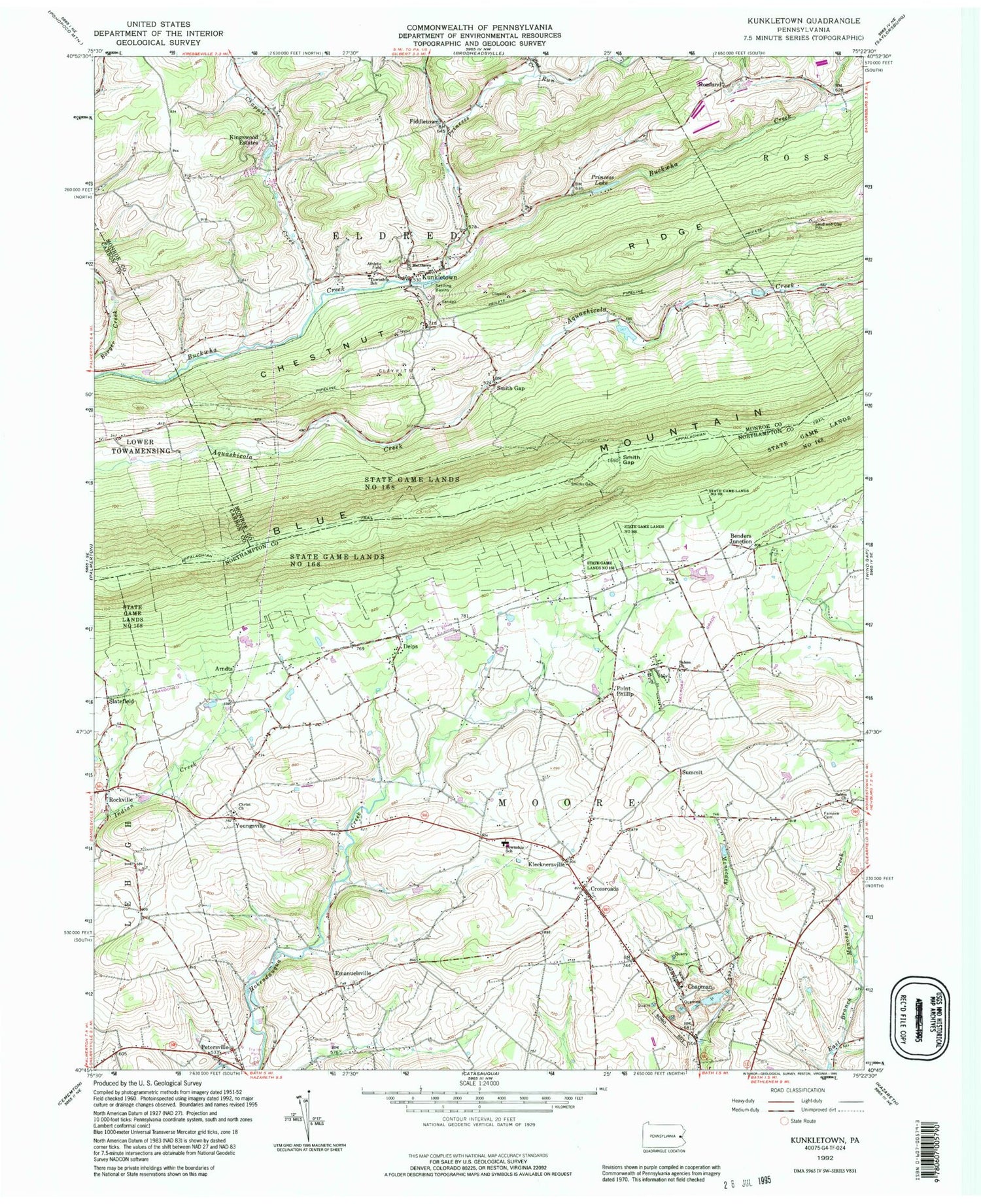 Classic USGS Kunkletown Pennsylvania 7.5'x7.5' Topo Map Image