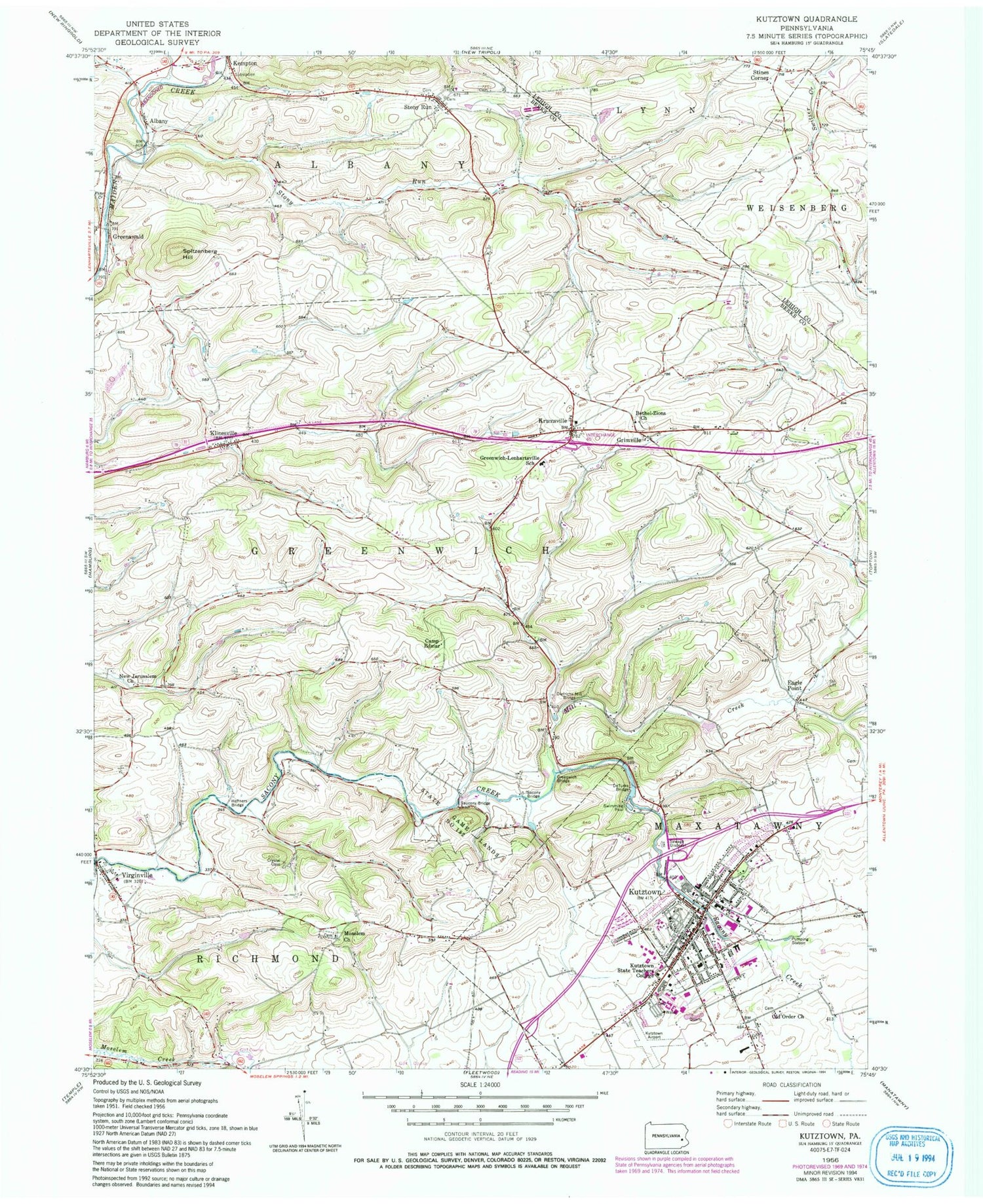 Classic USGS Kutztown Pennsylvania 7.5'x7.5' Topo Map Image