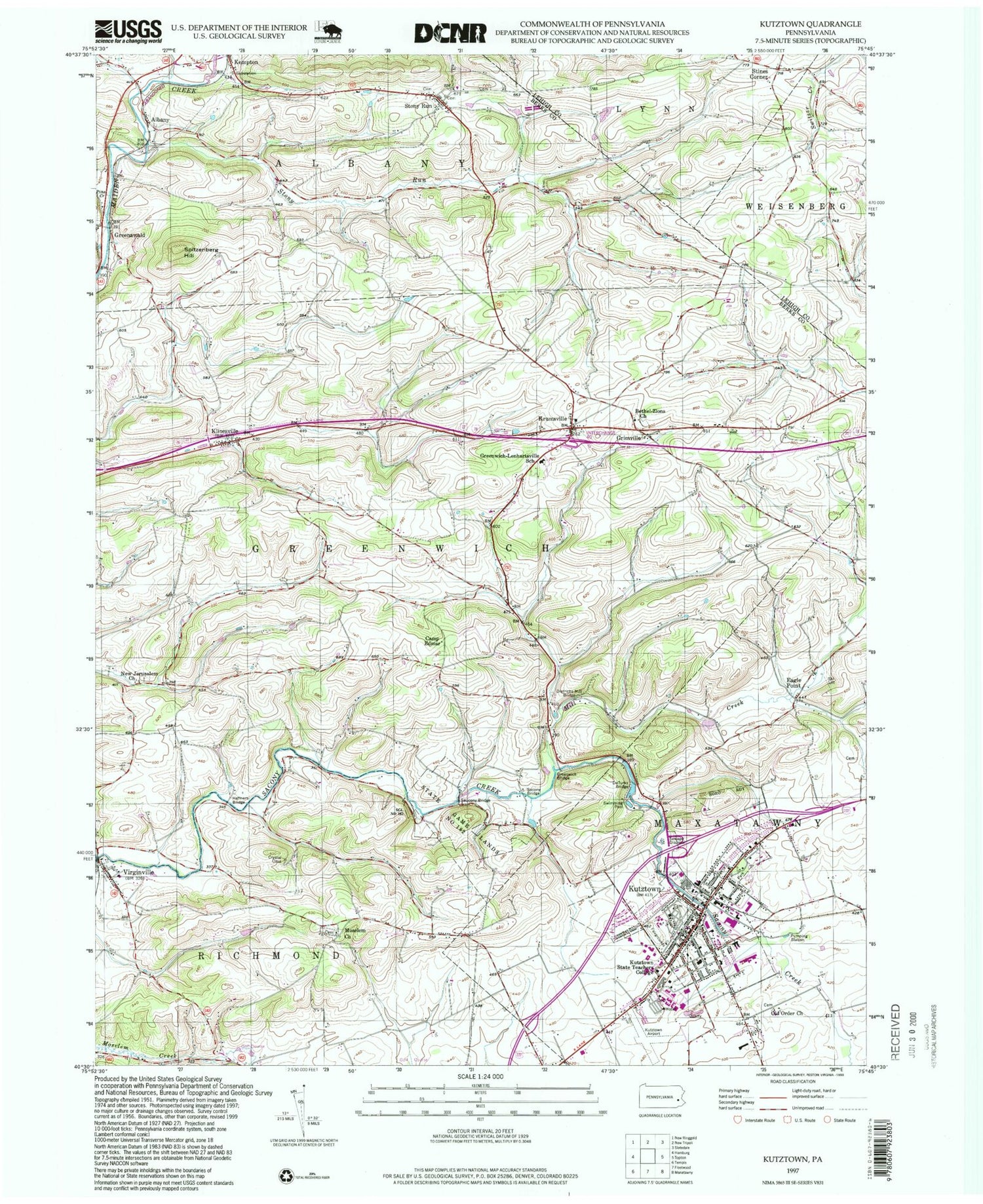 Classic USGS Kutztown Pennsylvania 7.5'x7.5' Topo Map Image