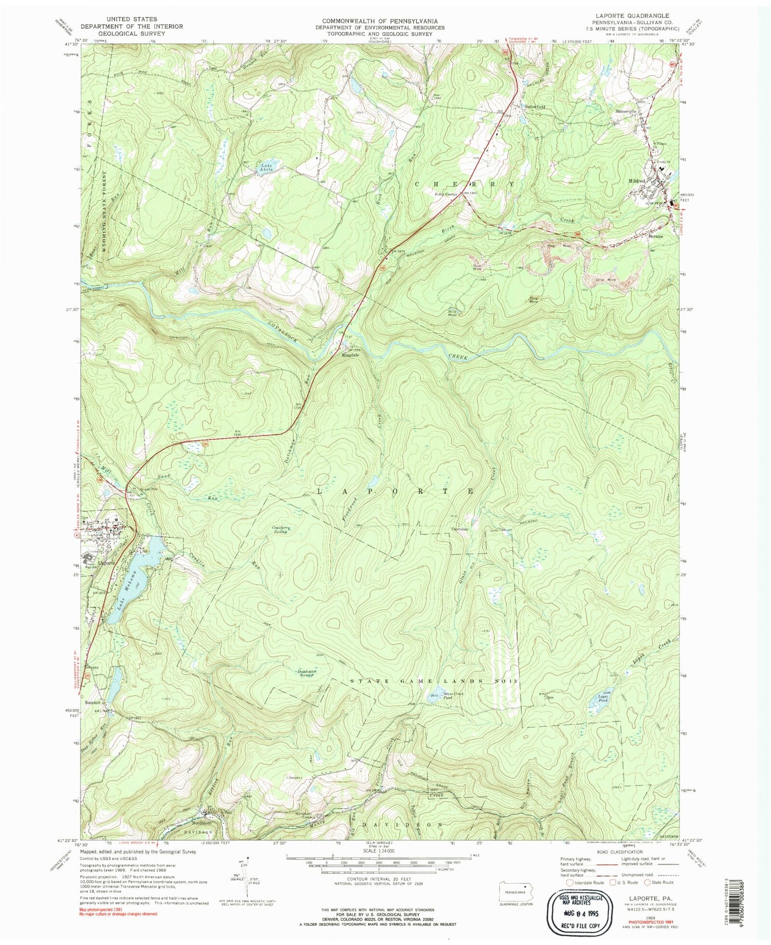 Classic USGS Laporte Pennsylvania 7.5'x7.5' Topo Map Image