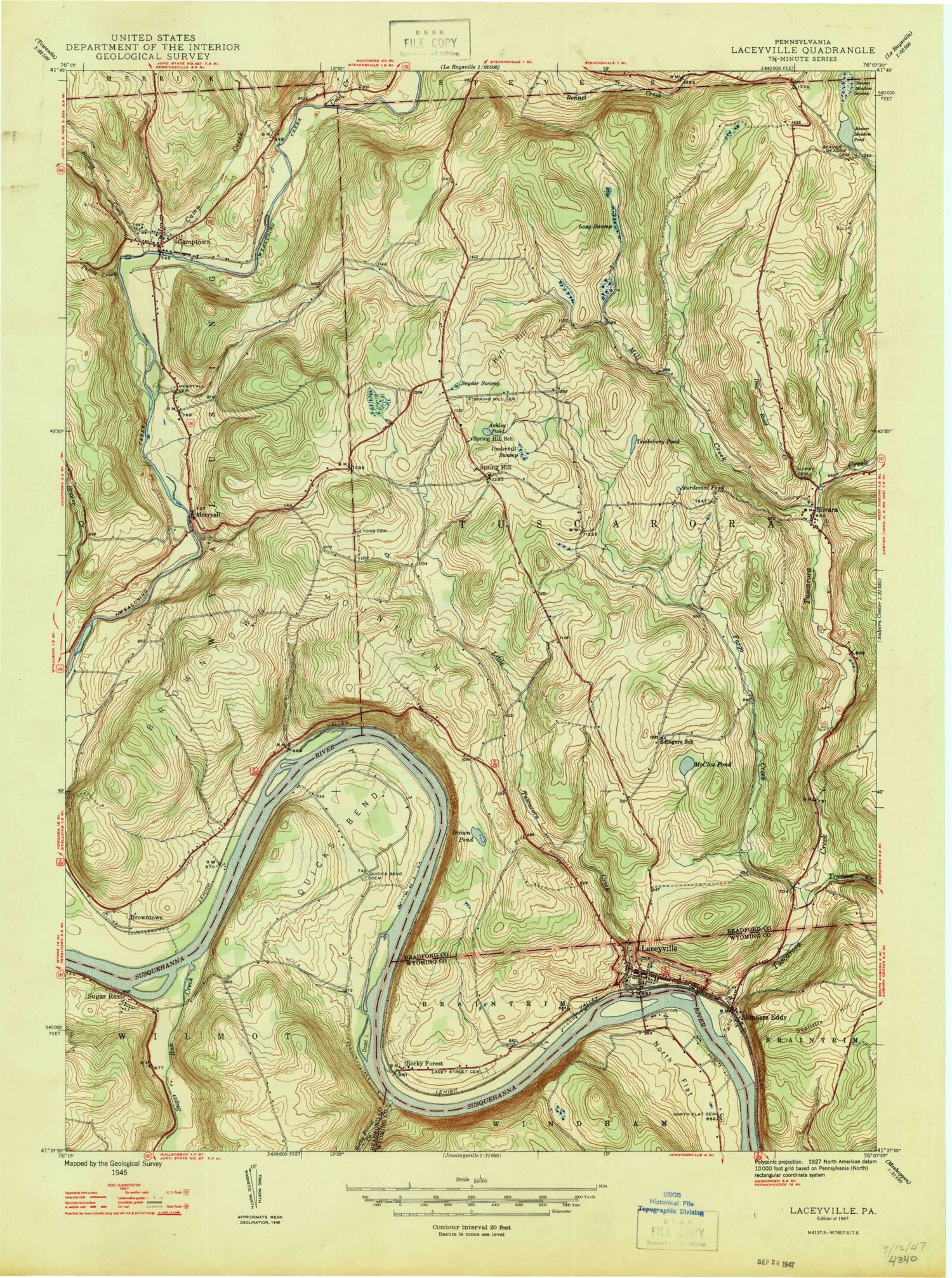 Classic USGS Laceyville Pennsylvania 7.5'x7.5' Topo Map Image