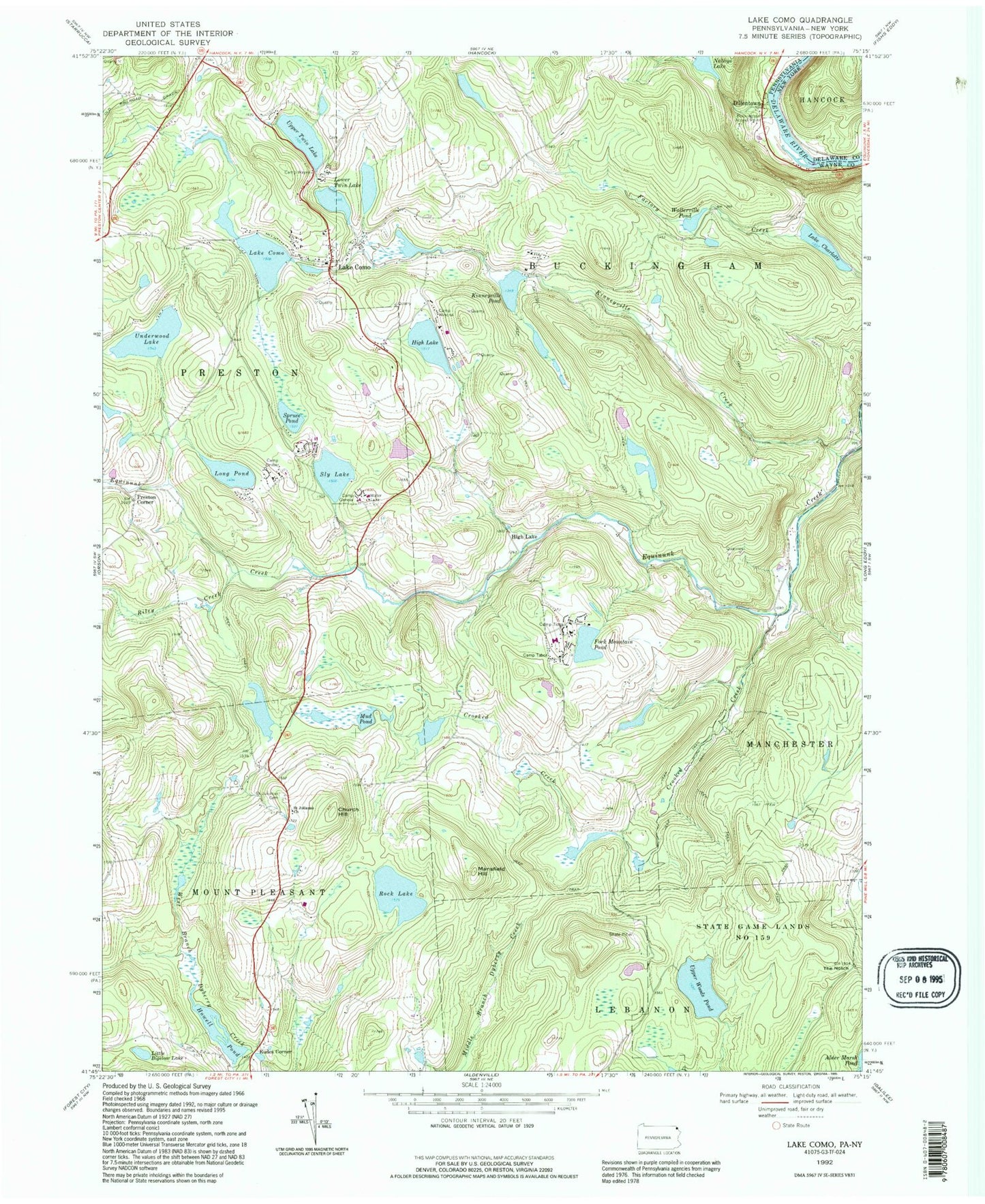 Classic USGS Lake Como Pennsylvania 7.5'x7.5' Topo Map Image