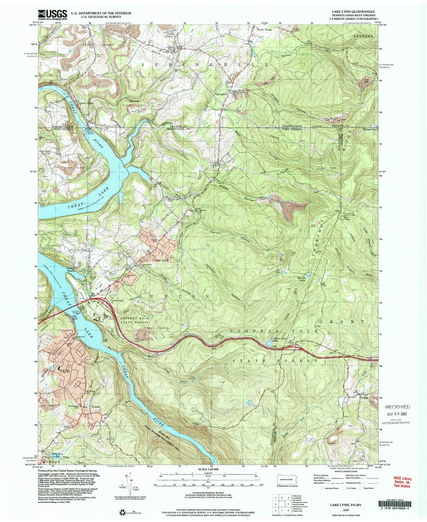USGS Classic Lake Lynn Pennsylvania 7.5'x7.5' Topo Map Image
