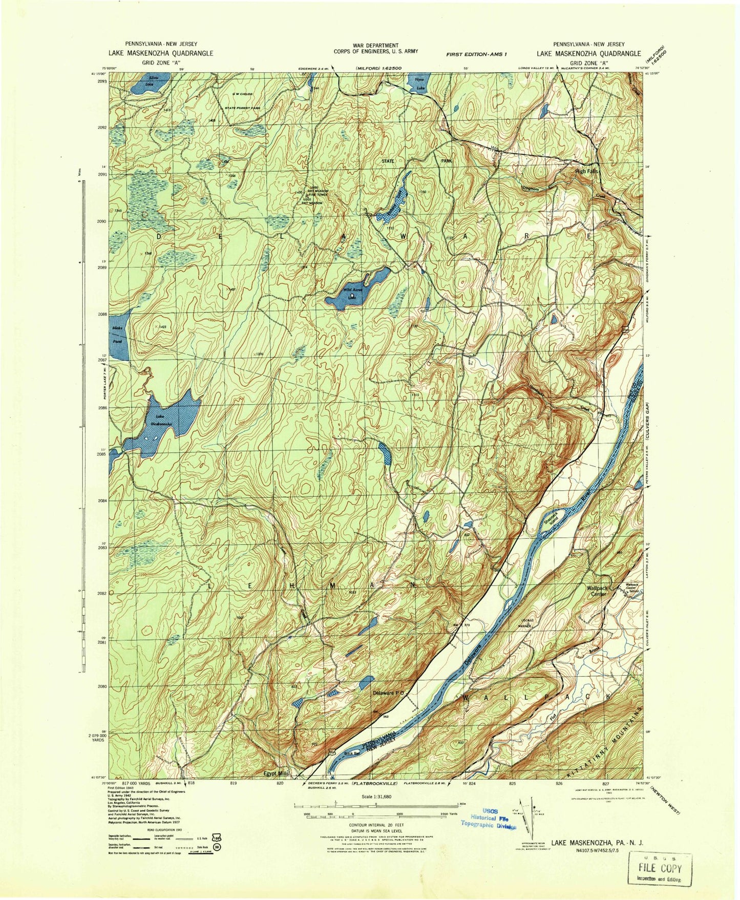 Classic USGS Lake Maskenozha Pennsylvania 7.5'x7.5' Topo Map Image