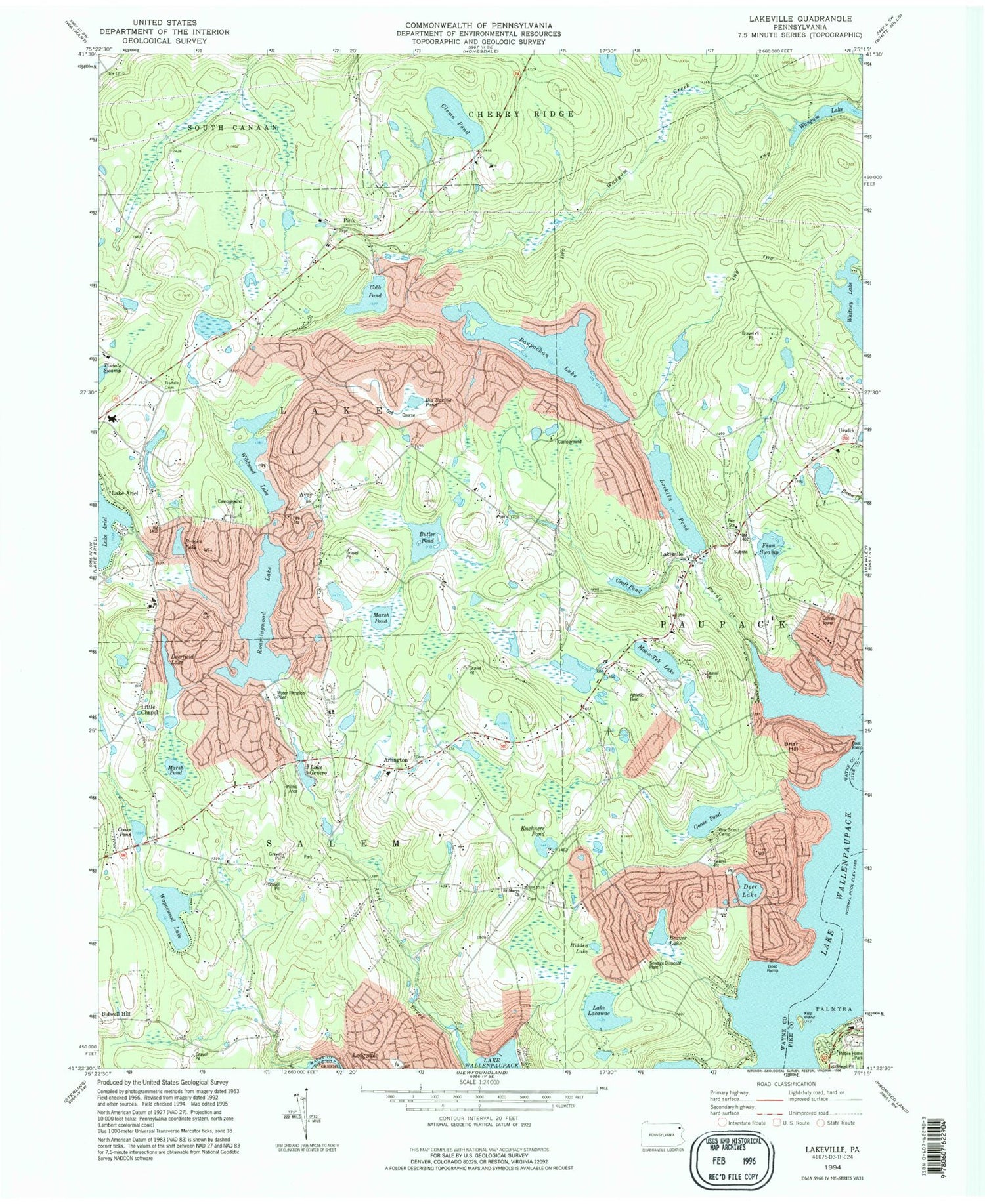 Classic USGS Lakeville Pennsylvania 7.5'x7.5' Topo Map Image