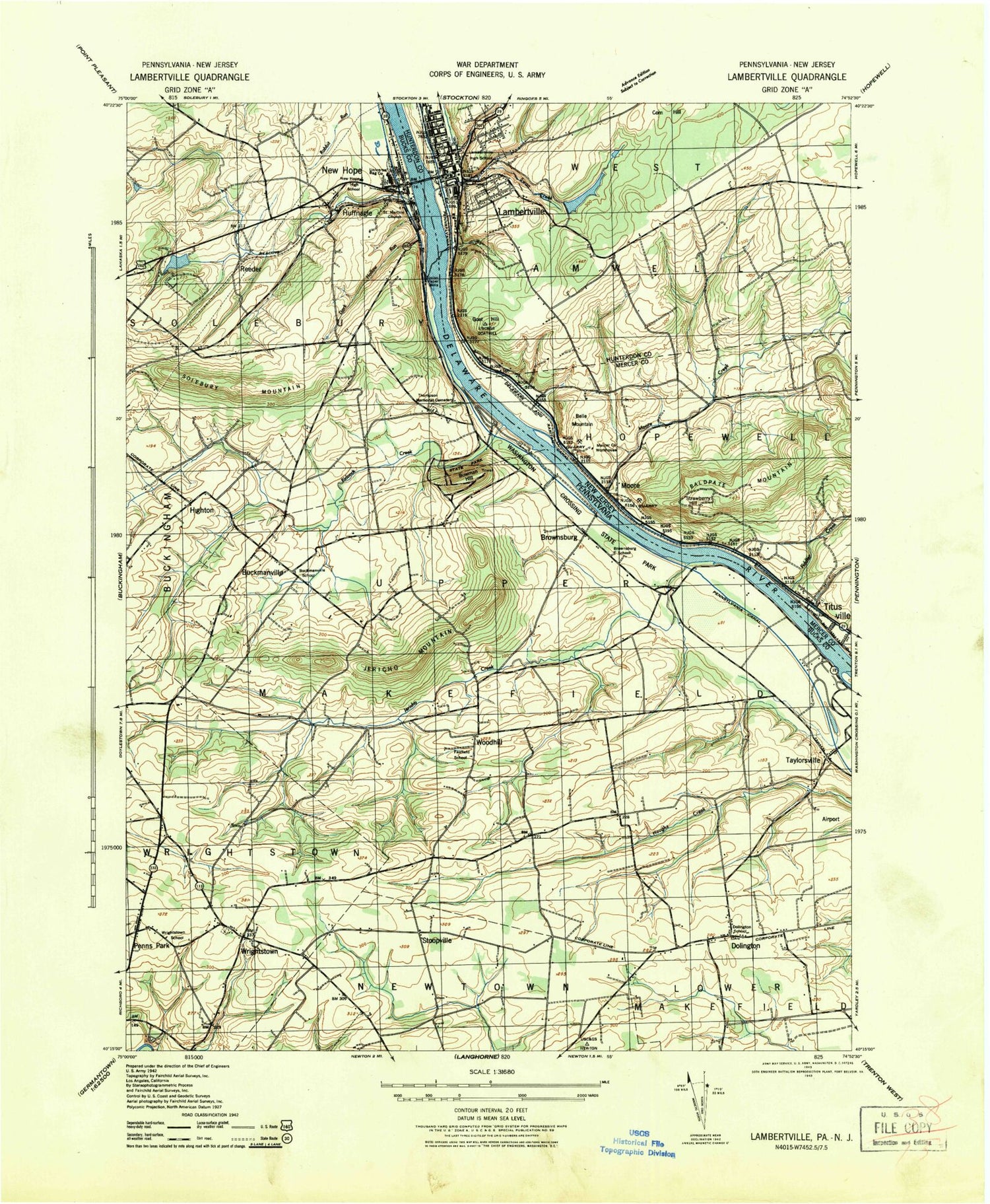 Classic USGS Lambertville New Jersey 7.5'x7.5' Topo Map Image