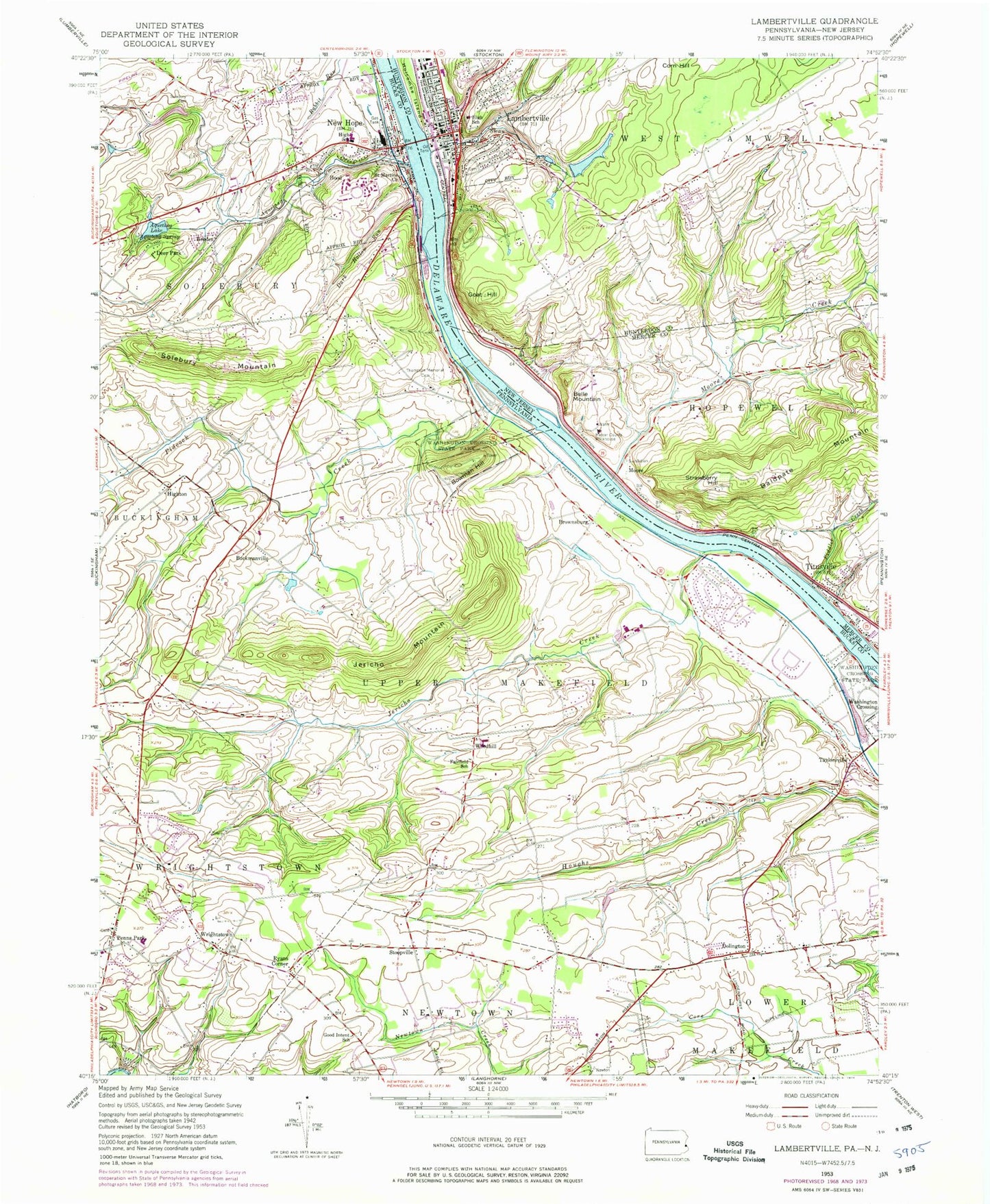 Classic USGS Lambertville New Jersey 7.5'x7.5' Topo Map Image