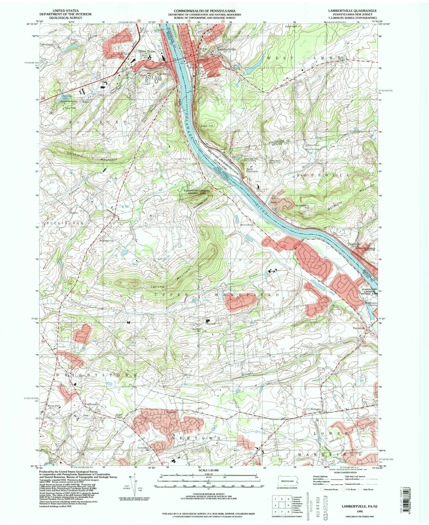 Classic USGS Lambertville New Jersey 7.5'x7.5' Topo Map Image