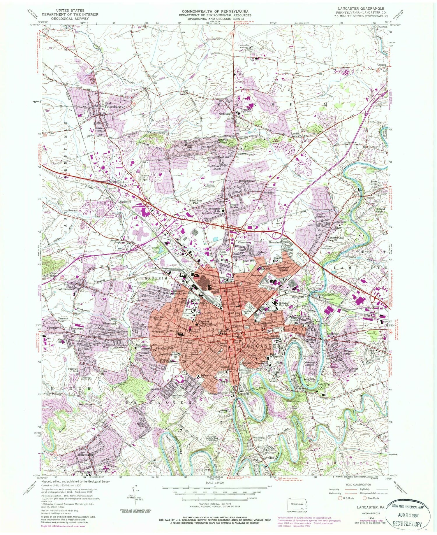 Classic USGS Lancaster Pennsylvania 7.5'x7.5' Topo Map Image