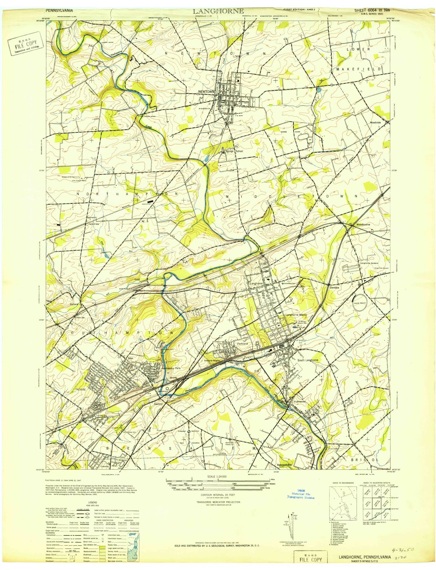Classic USGS Langhorne Pennsylvania 7.5'x7.5' Topo Map Image
