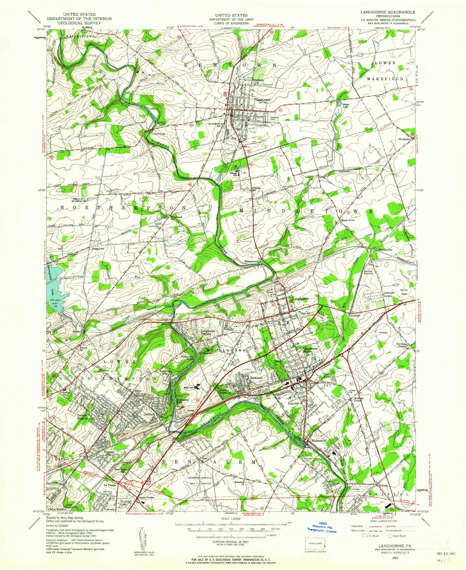 Classic USGS Langhorne Pennsylvania 7.5'x7.5' Topo Map Image
