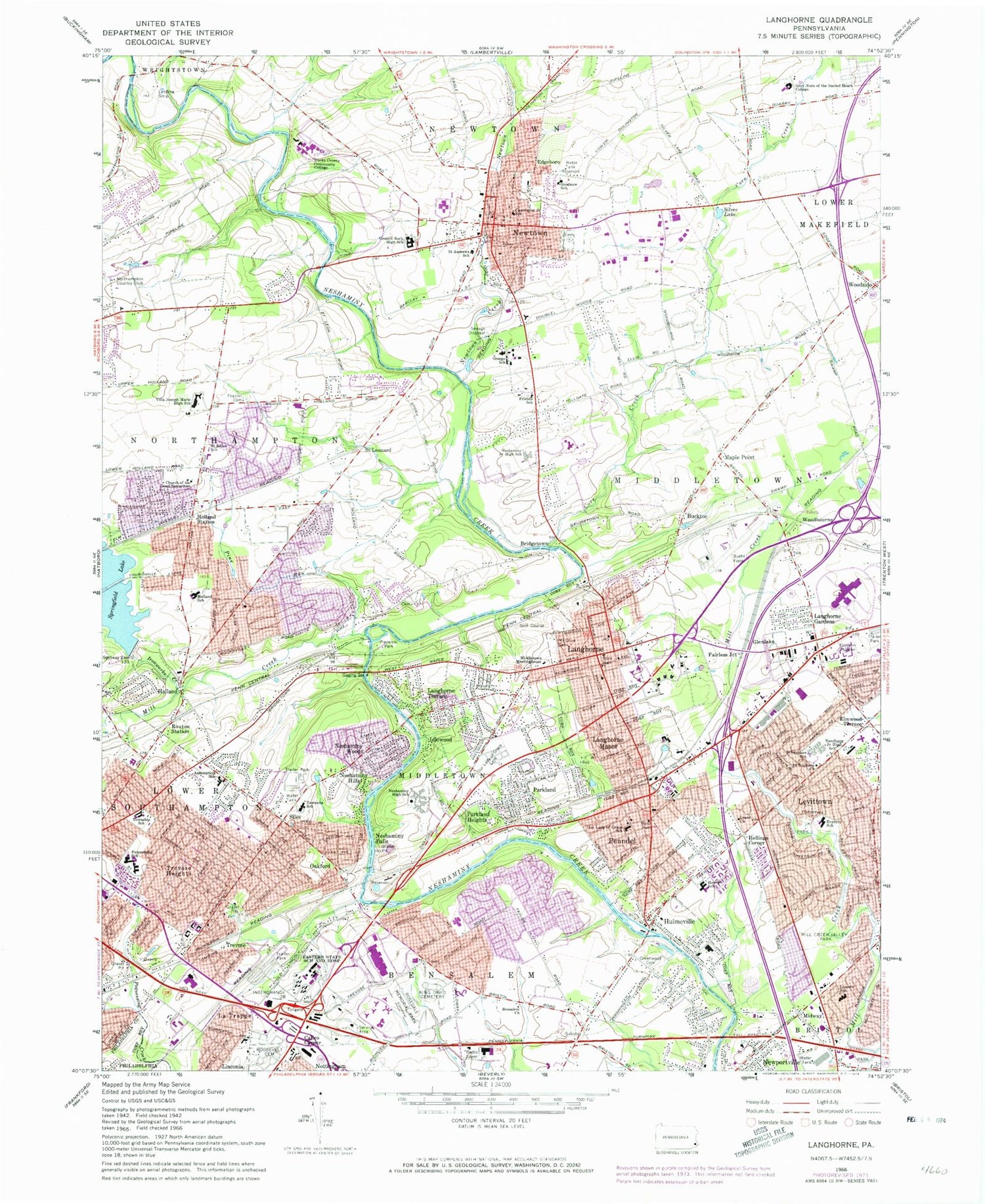 Classic USGS Langhorne Pennsylvania 7.5'x7.5' Topo Map Image