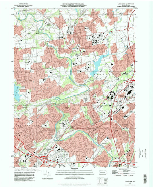 Classic USGS Langhorne Pennsylvania 7.5'x7.5' Topo Map Image