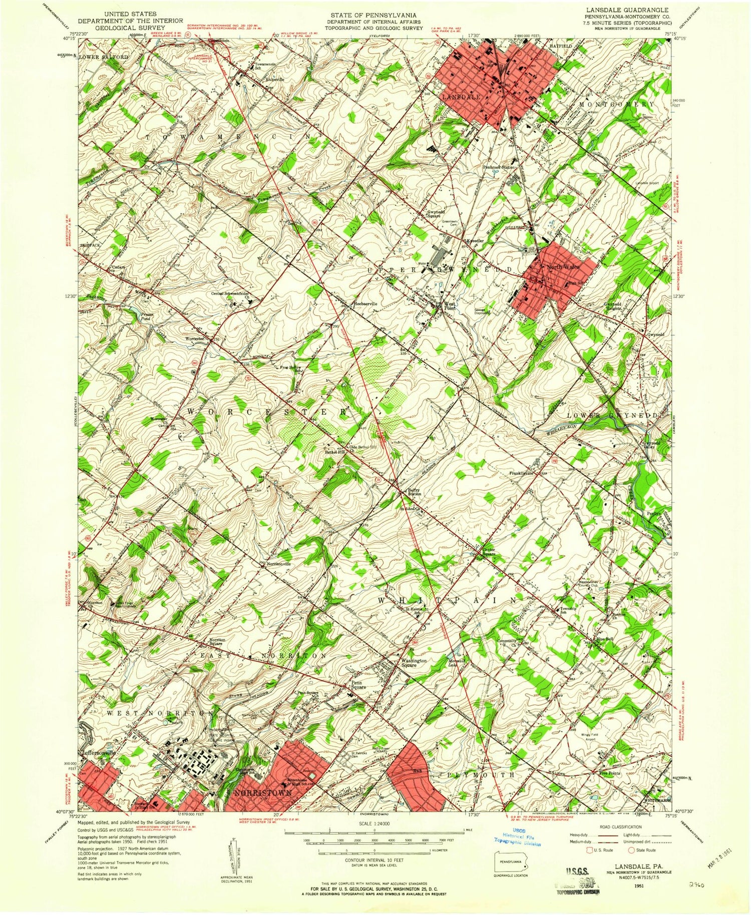 Classic USGS Lansdale Pennsylvania 7.5'x7.5' Topo Map Image
