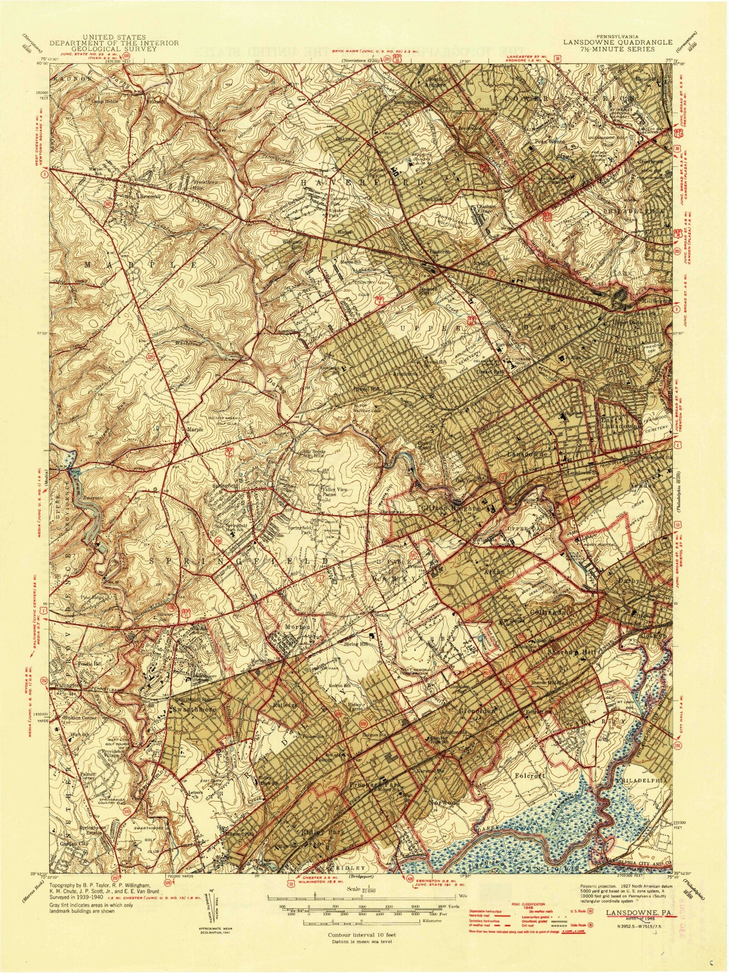 Classic USGS Lansdowne Pennsylvania 7.5'x7.5' Topo Map Image