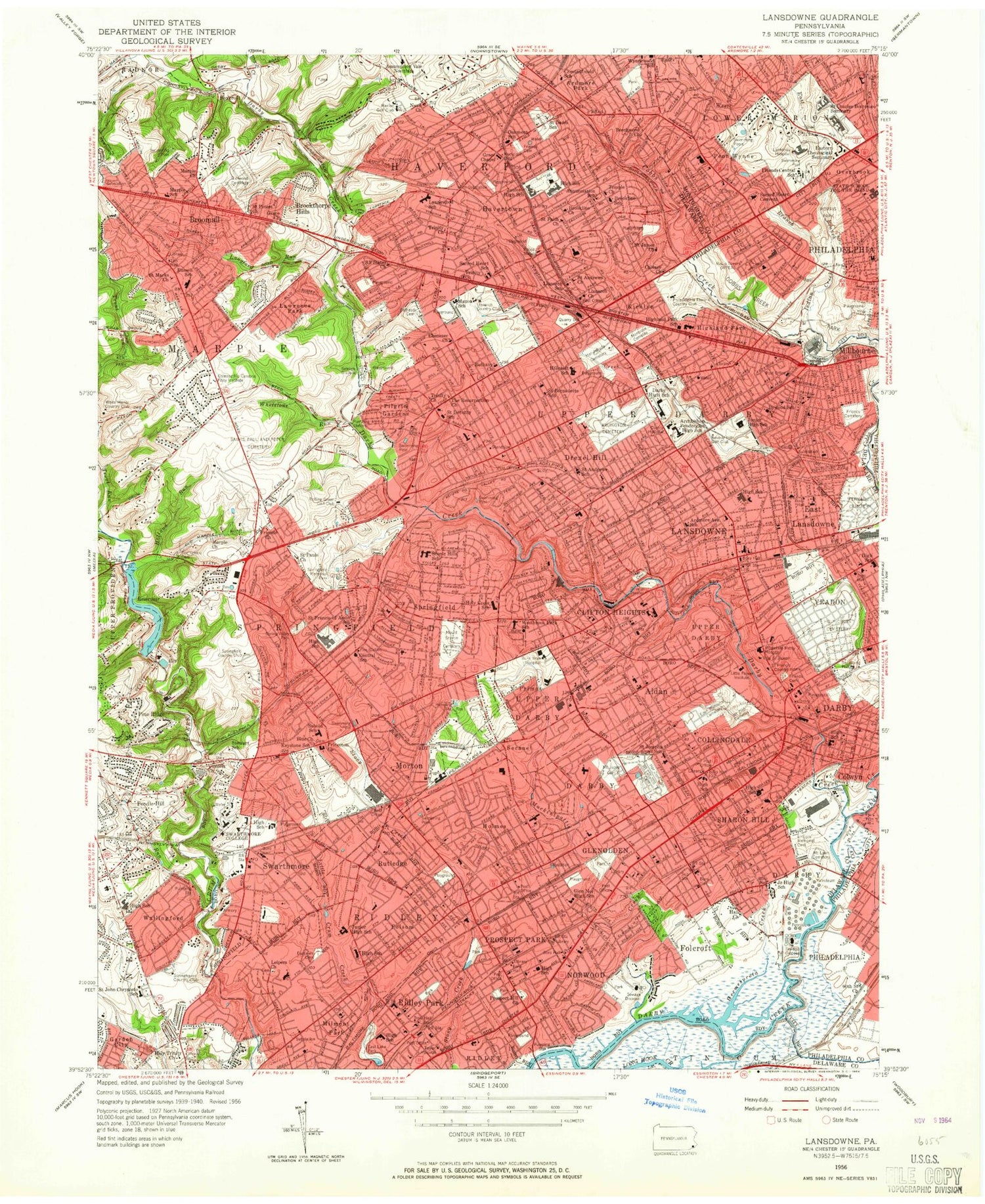 Classic USGS Lansdowne Pennsylvania 7.5'x7.5' Topo Map Image