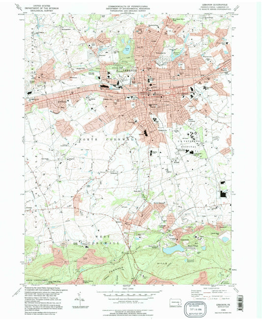 Classic USGS Lebanon Pennsylvania 7.5'x7.5' Topo Map Image