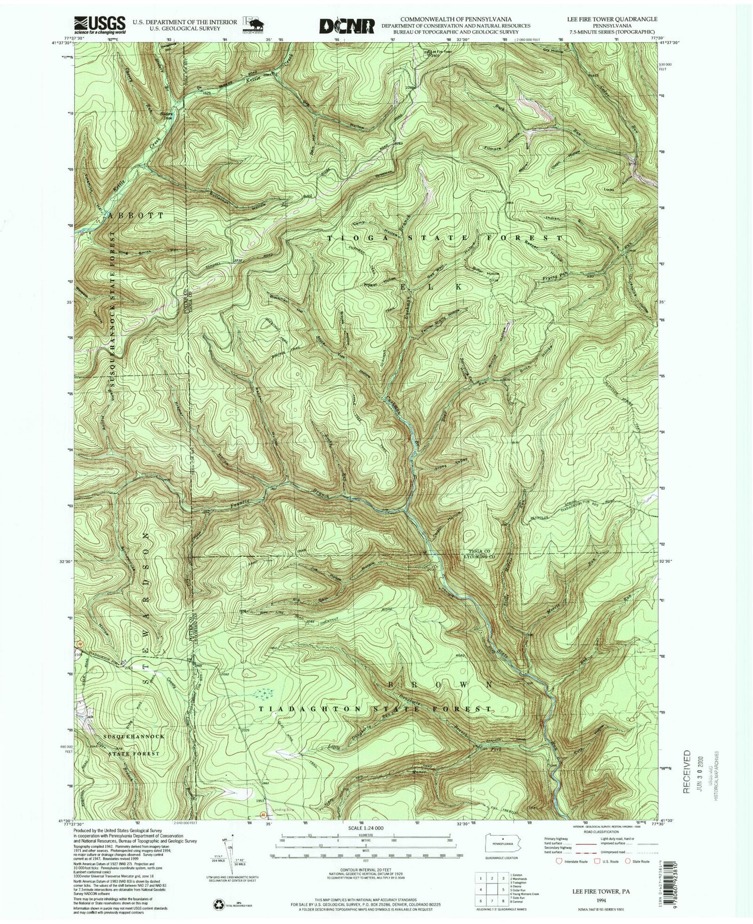 Classic USGS Lee Fire Tower Pennsylvania 7.5'x7.5' Topo Map Image