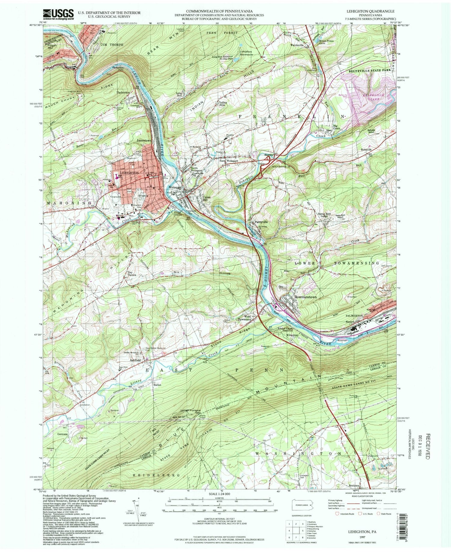 Classic USGS Lehighton Pennsylvania 7.5'x7.5' Topo Map Image