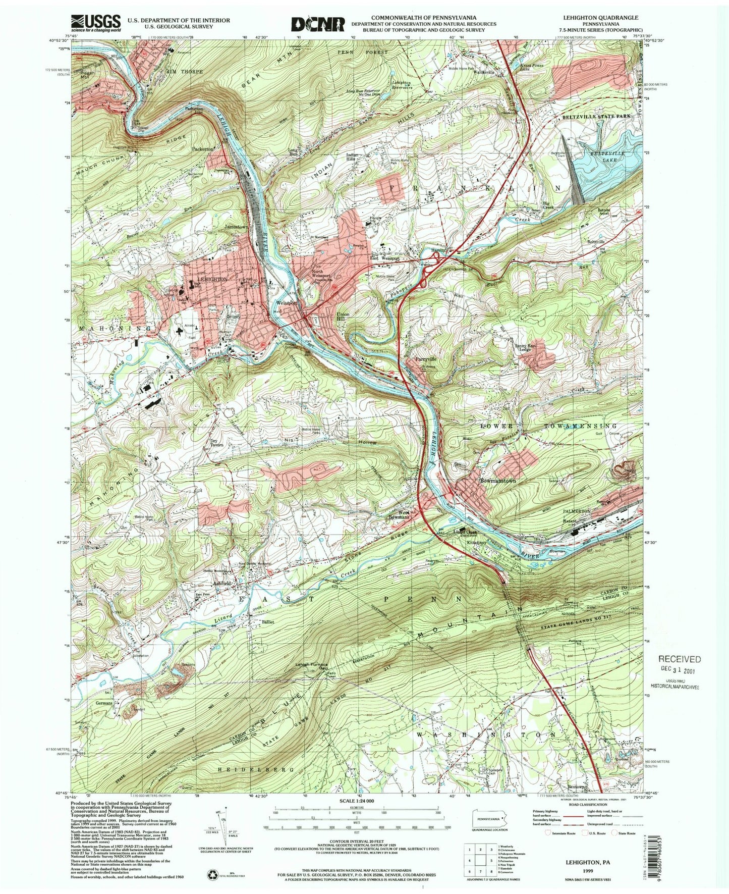 Classic USGS Lehighton Pennsylvania 7.5'x7.5' Topo Map Image
