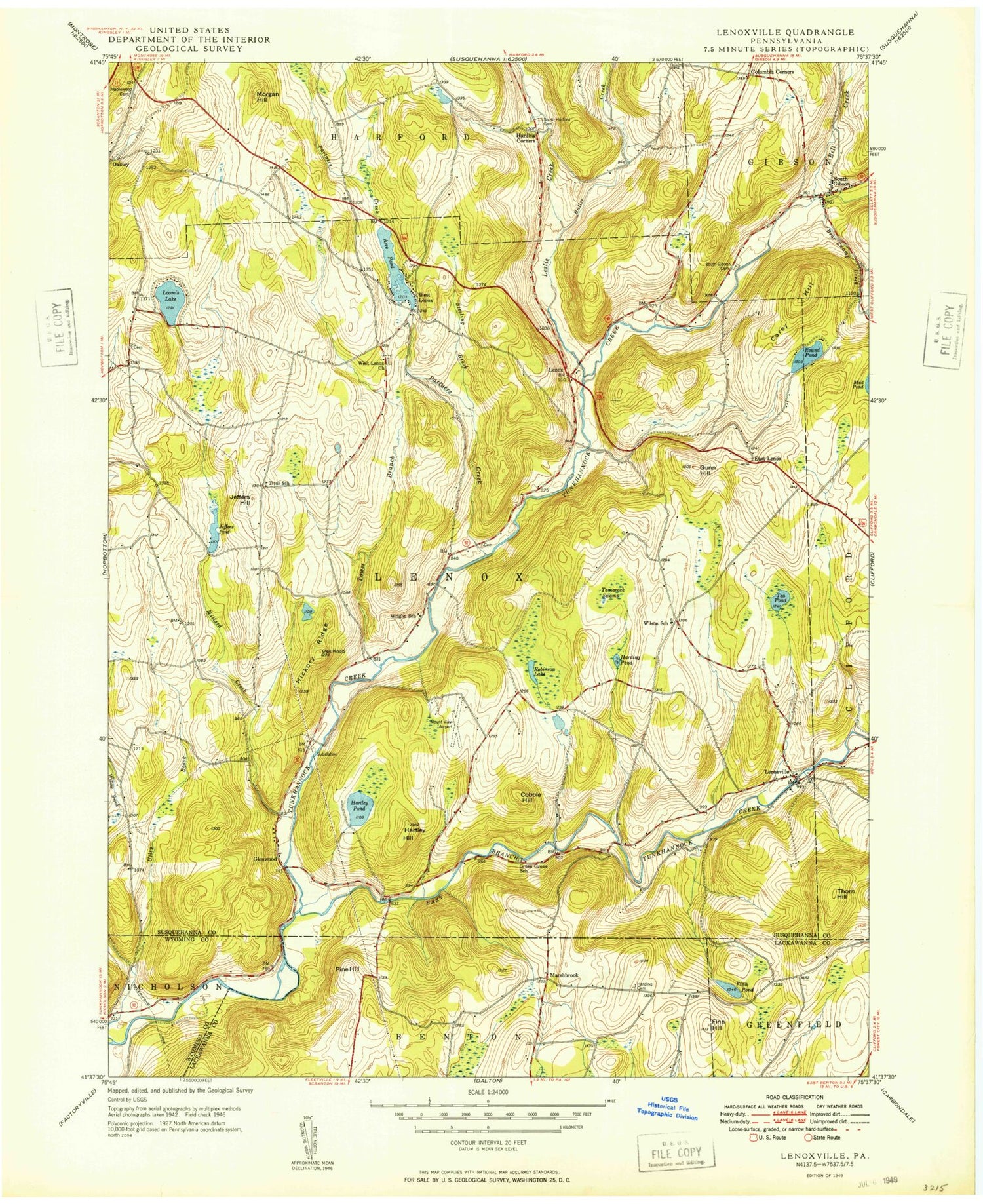 Classic USGS Lenoxville Pennsylvania 7.5'x7.5' Topo Map Image