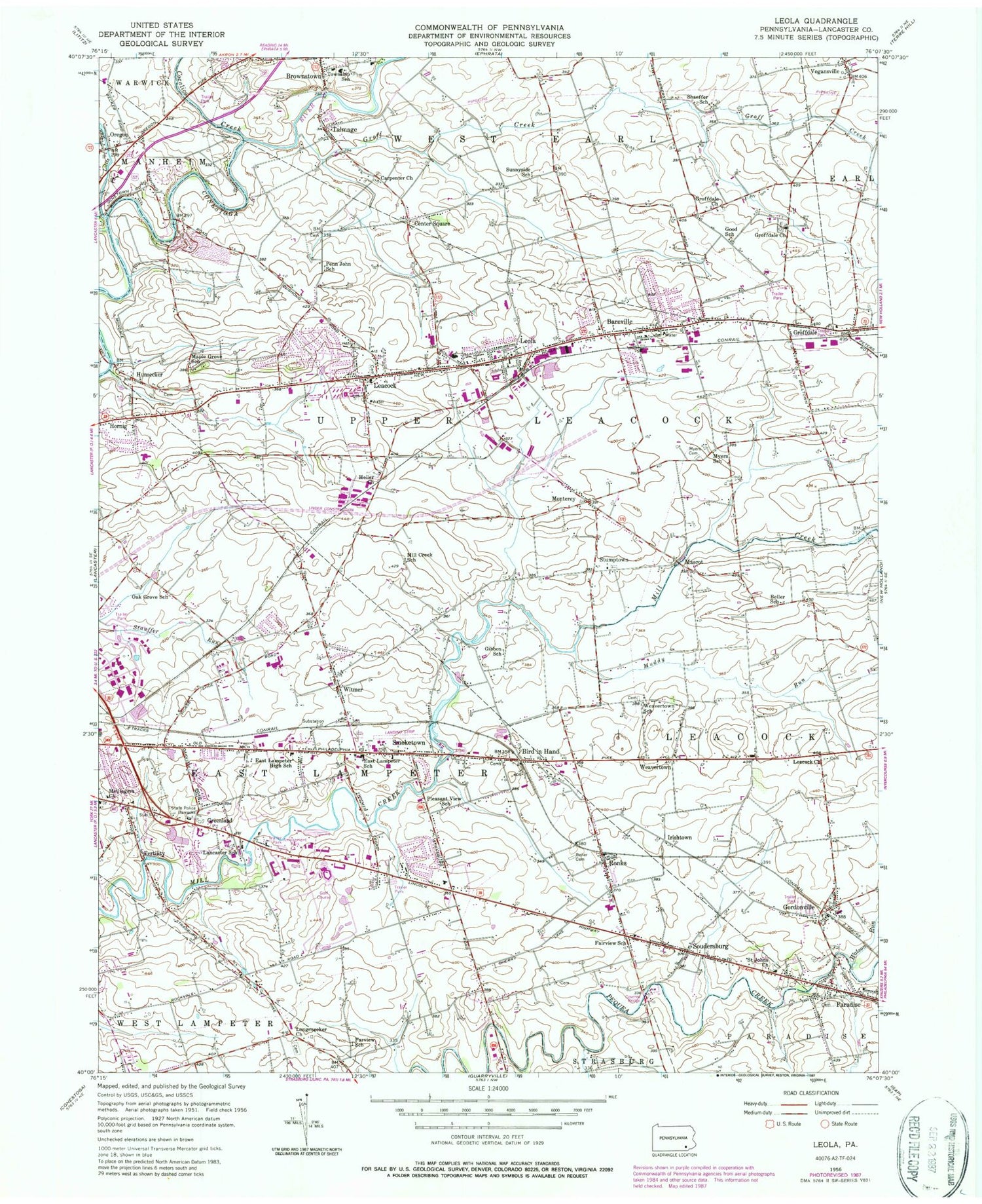 Classic USGS Leola Pennsylvania 7.5'x7.5' Topo Map Image