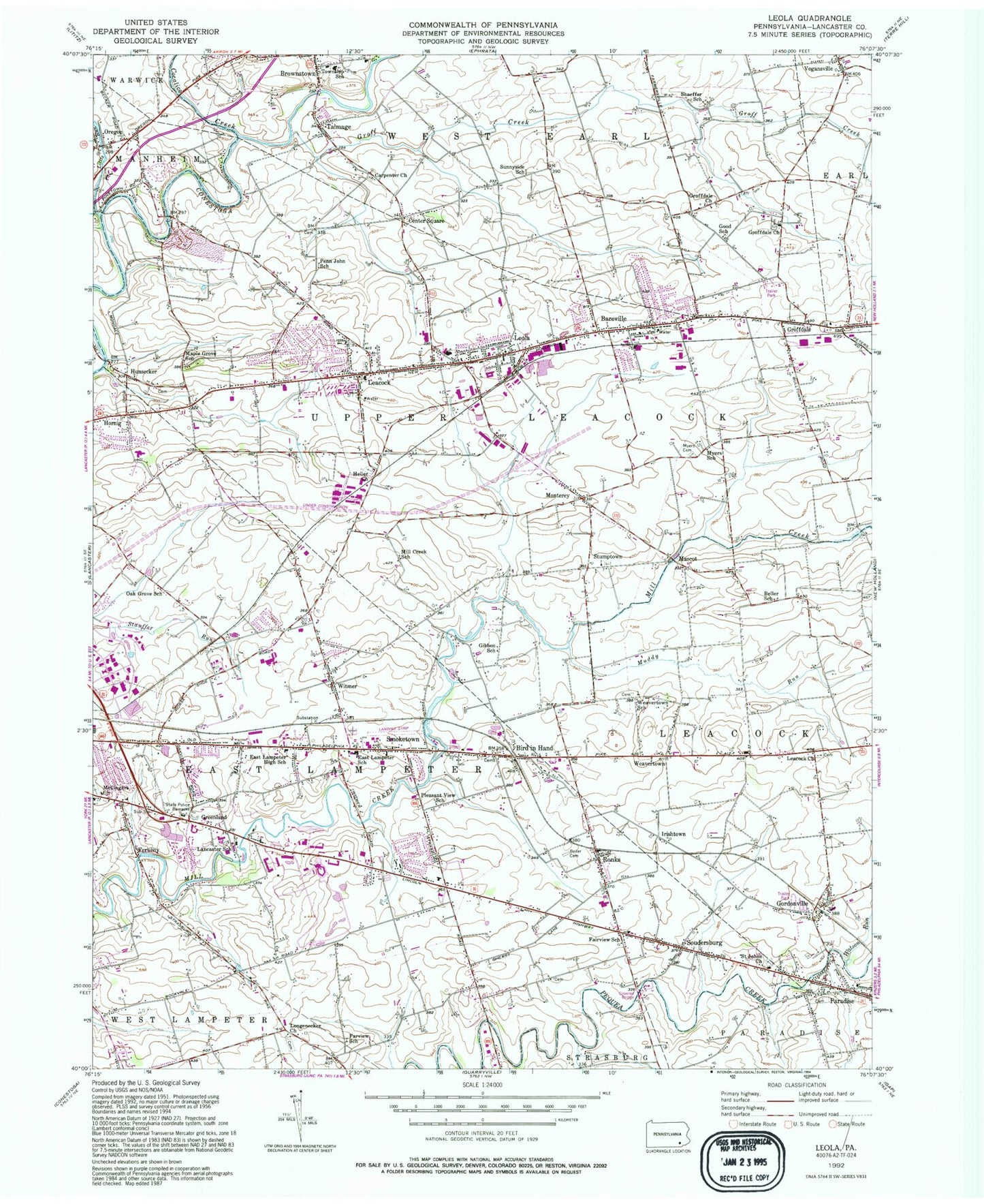 Classic USGS Leola Pennsylvania 7.5'x7.5' Topo Map Image