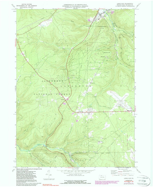Classic USGS Lewis Run Pennsylvania 7.5'x7.5' Topo Map Image