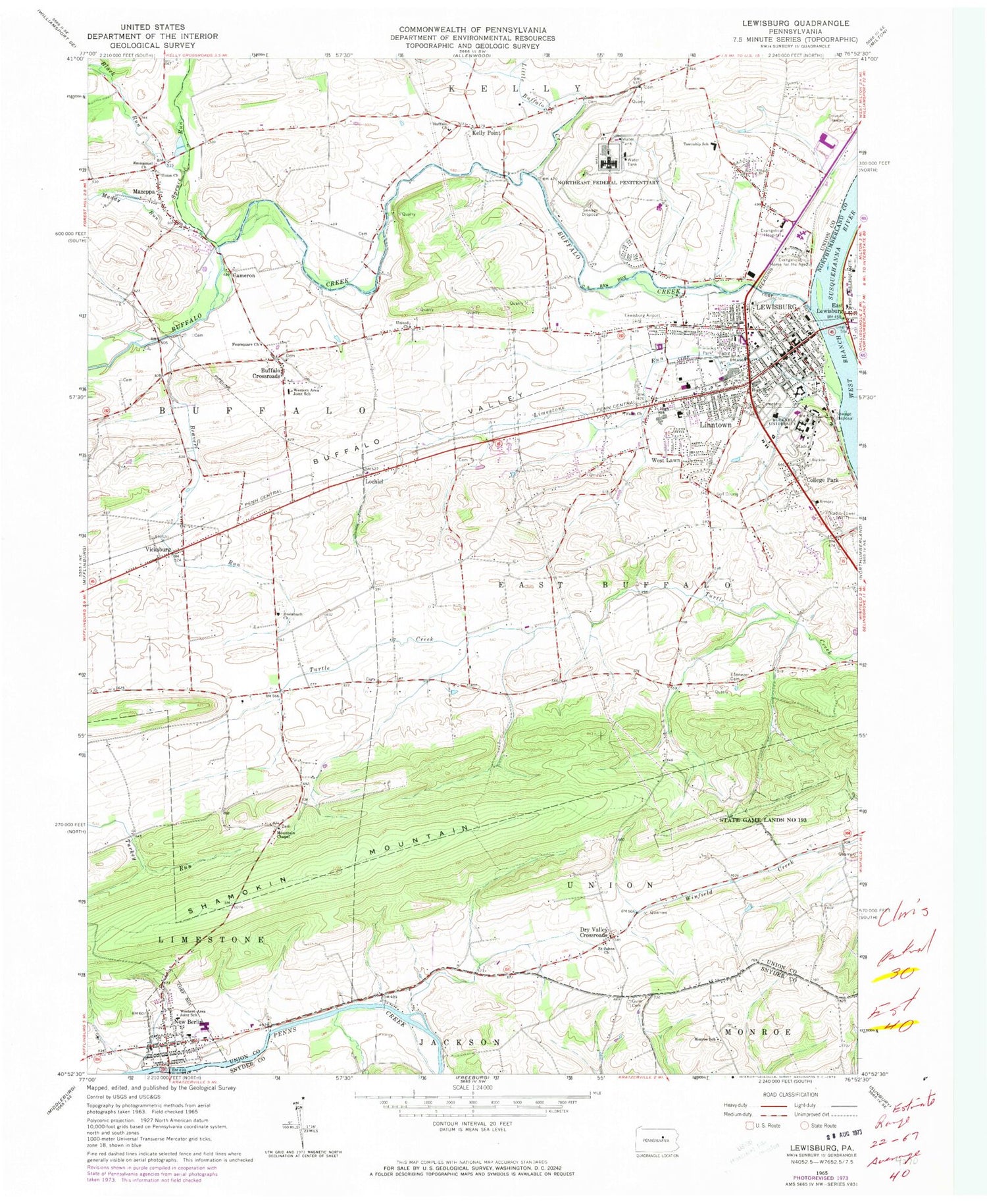 Classic USGS Lewisburg Pennsylvania 7.5'x7.5' Topo Map Image