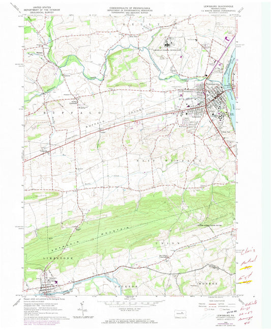 Classic USGS Lewisburg Pennsylvania 7.5'x7.5' Topo Map Image