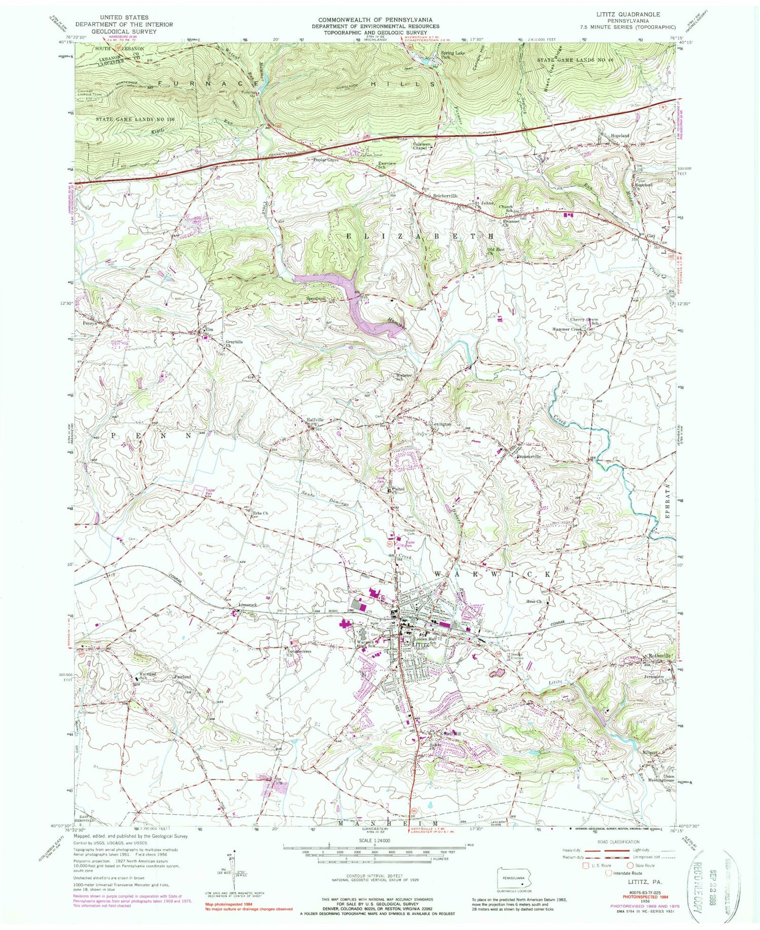 Classic USGS Lititz Pennsylvania 7.5'x7.5' Topo Map Image