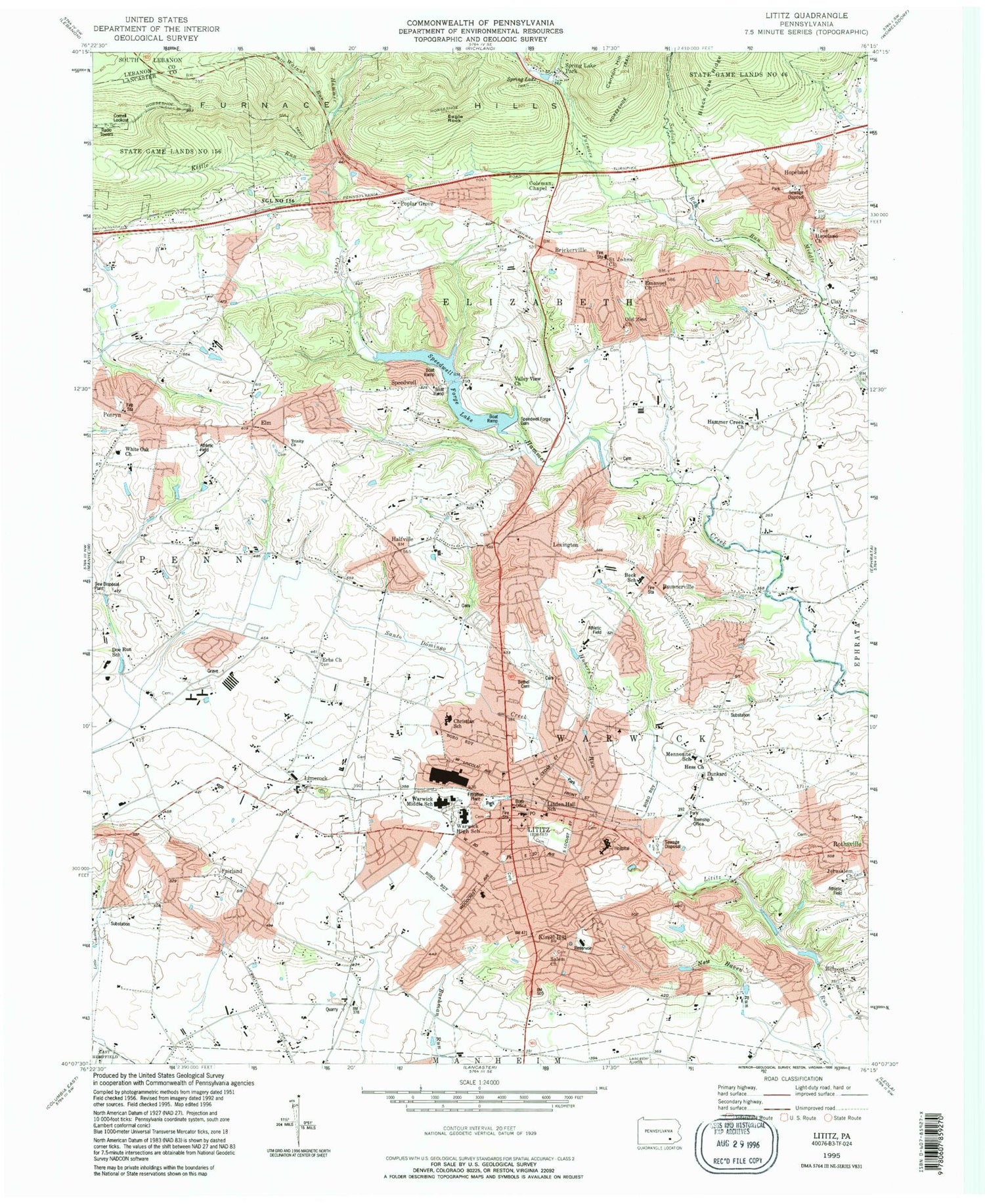Classic USGS Lititz Pennsylvania 7.5'x7.5' Topo Map Image