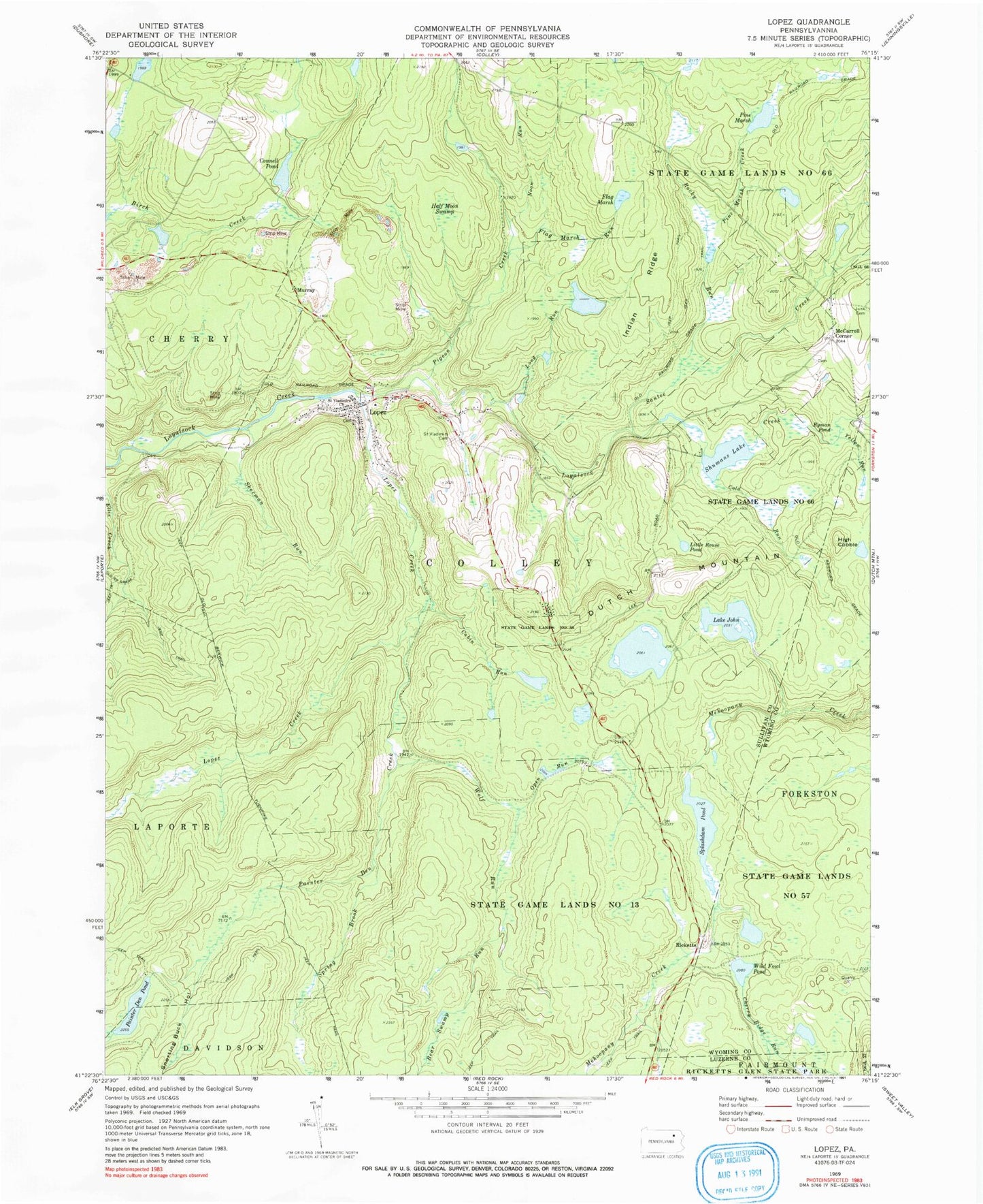 Classic USGS Lopez Pennsylvania 7.5'x7.5' Topo Map Image