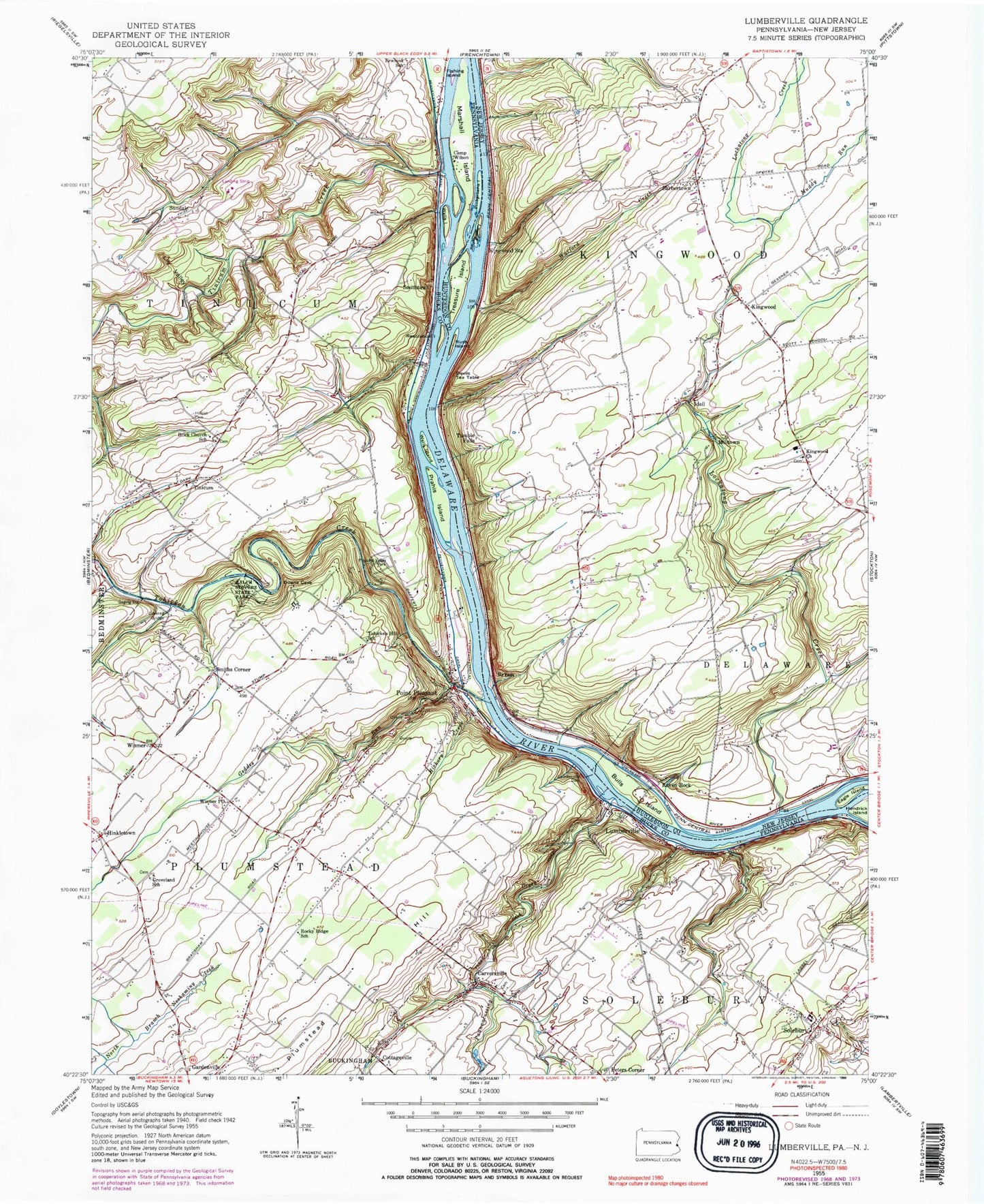 Classic USGS Lumberville Pennsylvania 7.5'x7.5' Topo Map Image