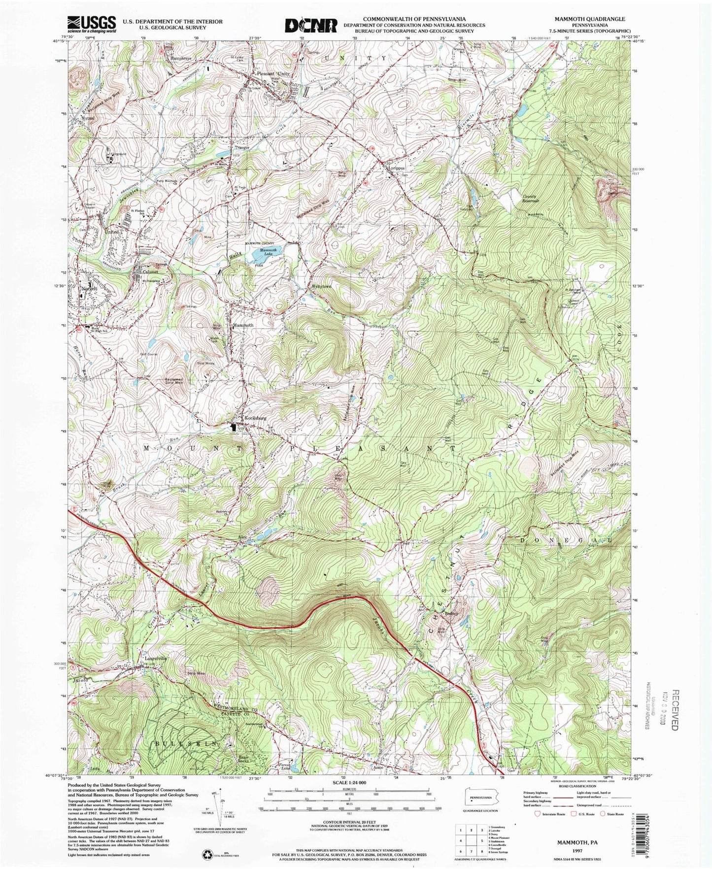 Classic USGS Mammoth Pennsylvania 7.5'x7.5' Topo Map Image