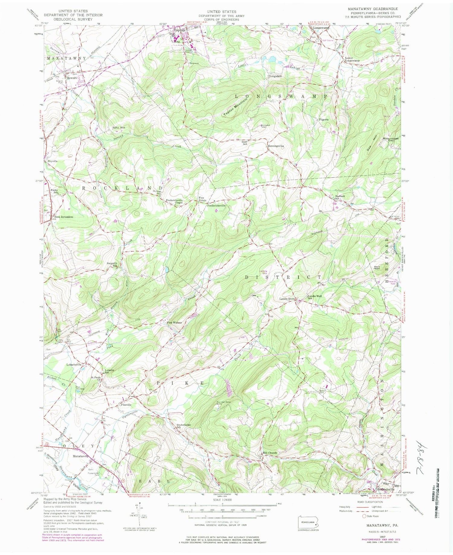 Classic USGS Manatawny Pennsylvania 7.5'x7.5' Topo Map Image