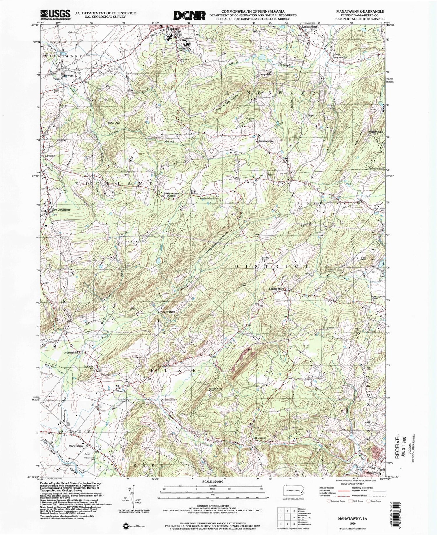 Classic USGS Manatawny Pennsylvania 7.5'x7.5' Topo Map Image