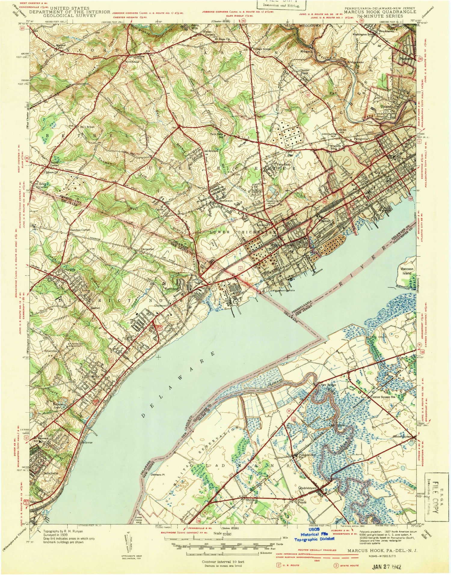 Classic USGS Marcus Hook Pennsylvania 7.5'x7.5' Topo Map Image