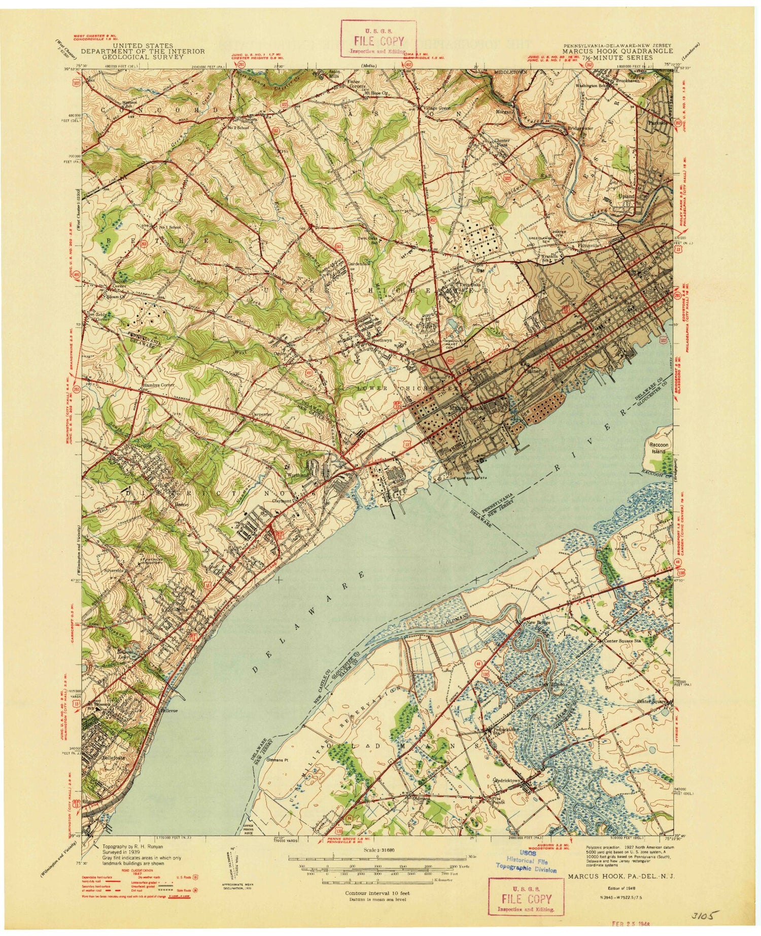 Classic USGS Marcus Hook Pennsylvania 7.5'x7.5' Topo Map Image