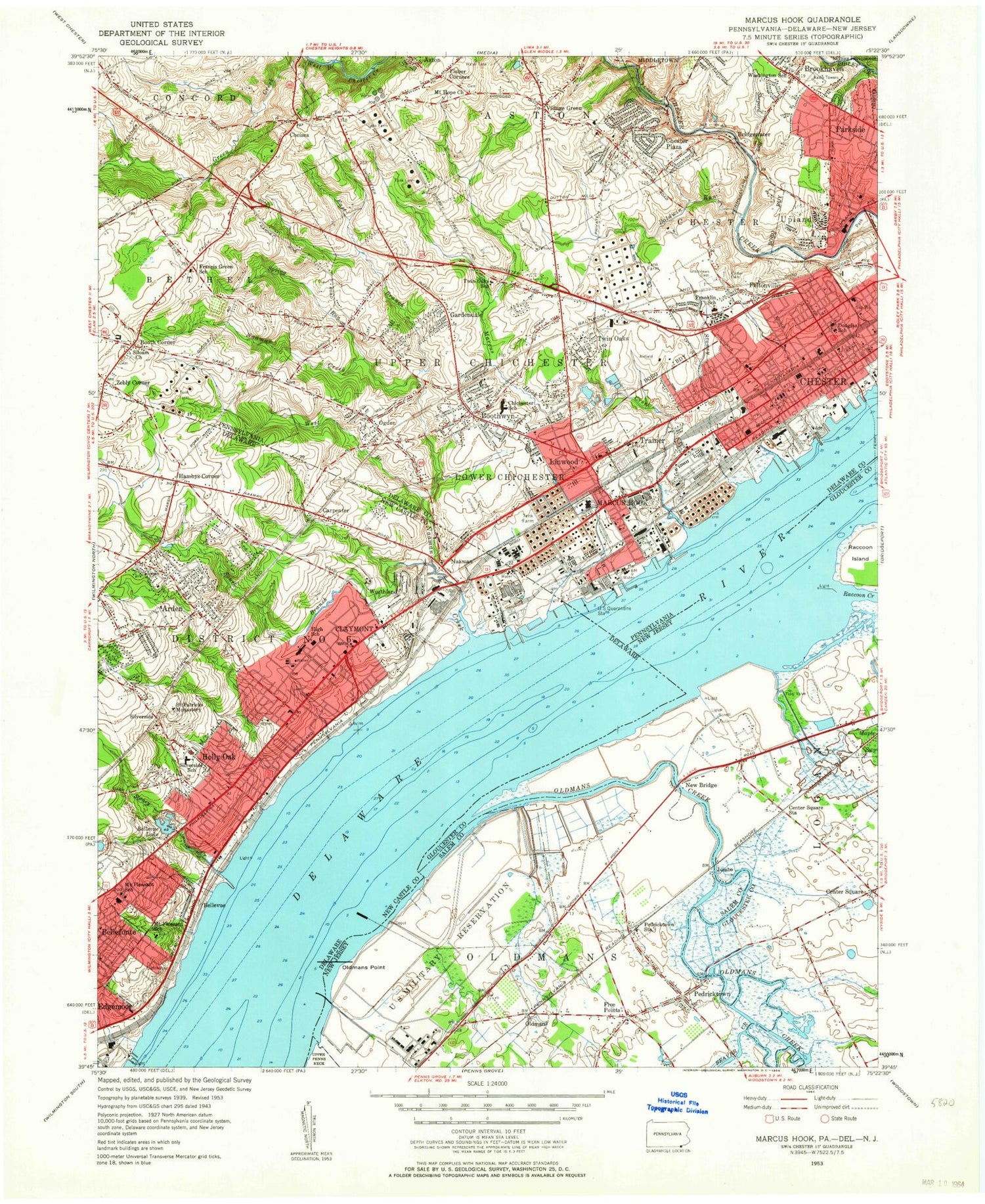 Classic USGS Marcus Hook Pennsylvania 7.5'x7.5' Topo Map Image