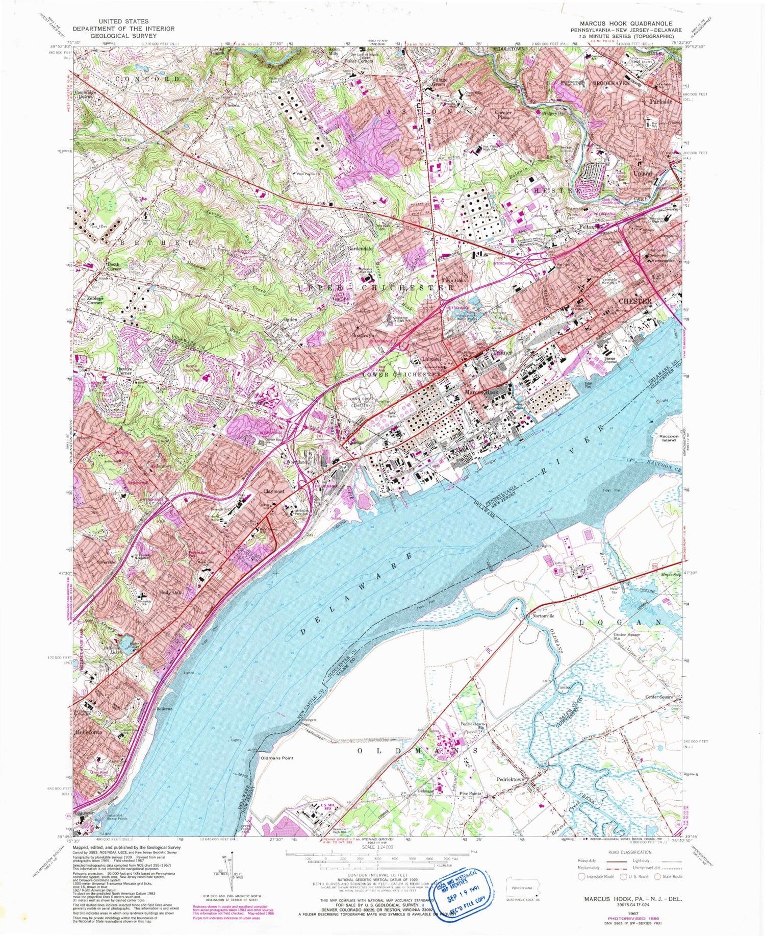 Classic USGS Marcus Hook Pennsylvania 7.5'x7.5' Topo Map Image